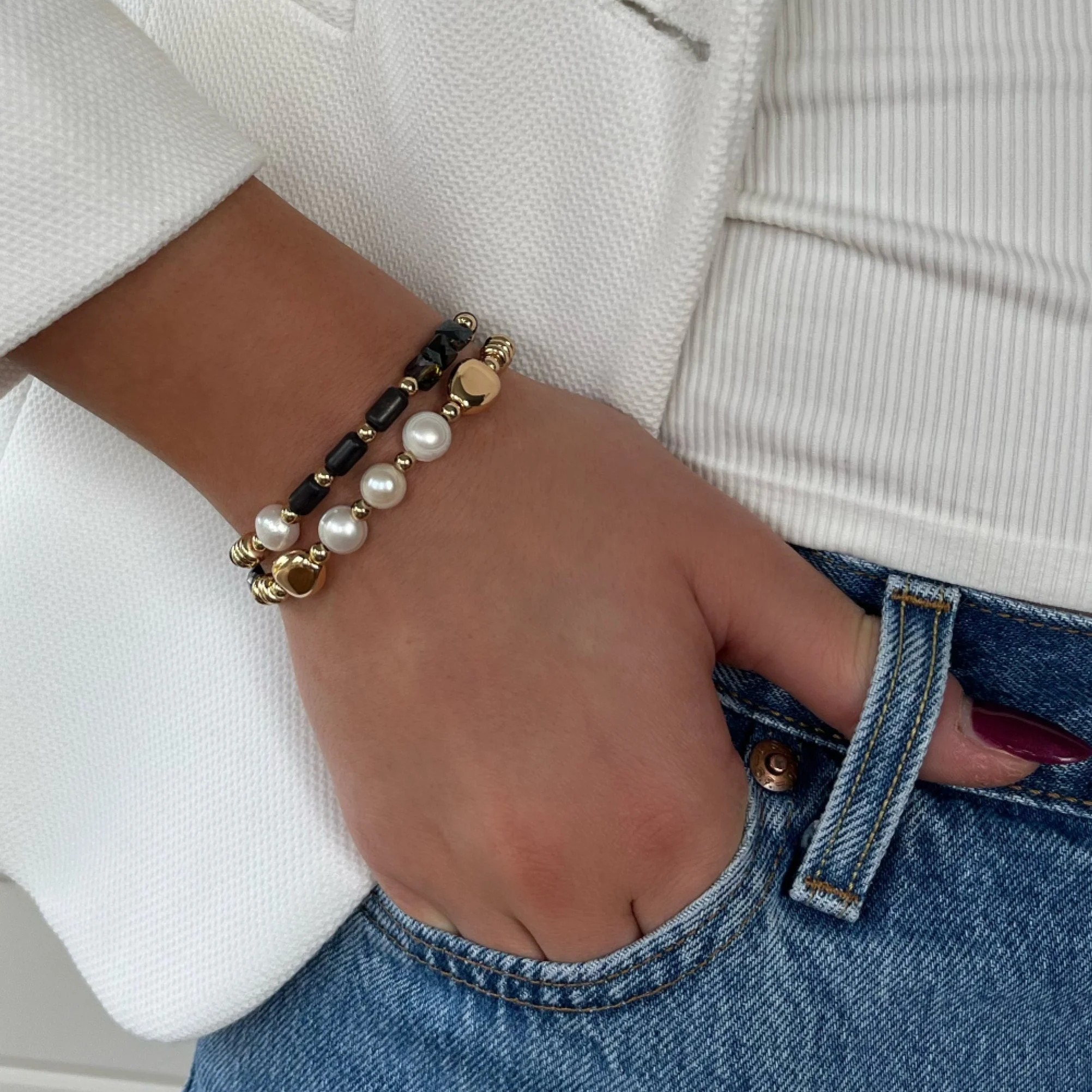 Absolute Gold Black Bead & Pearl Bracelet - Image 2