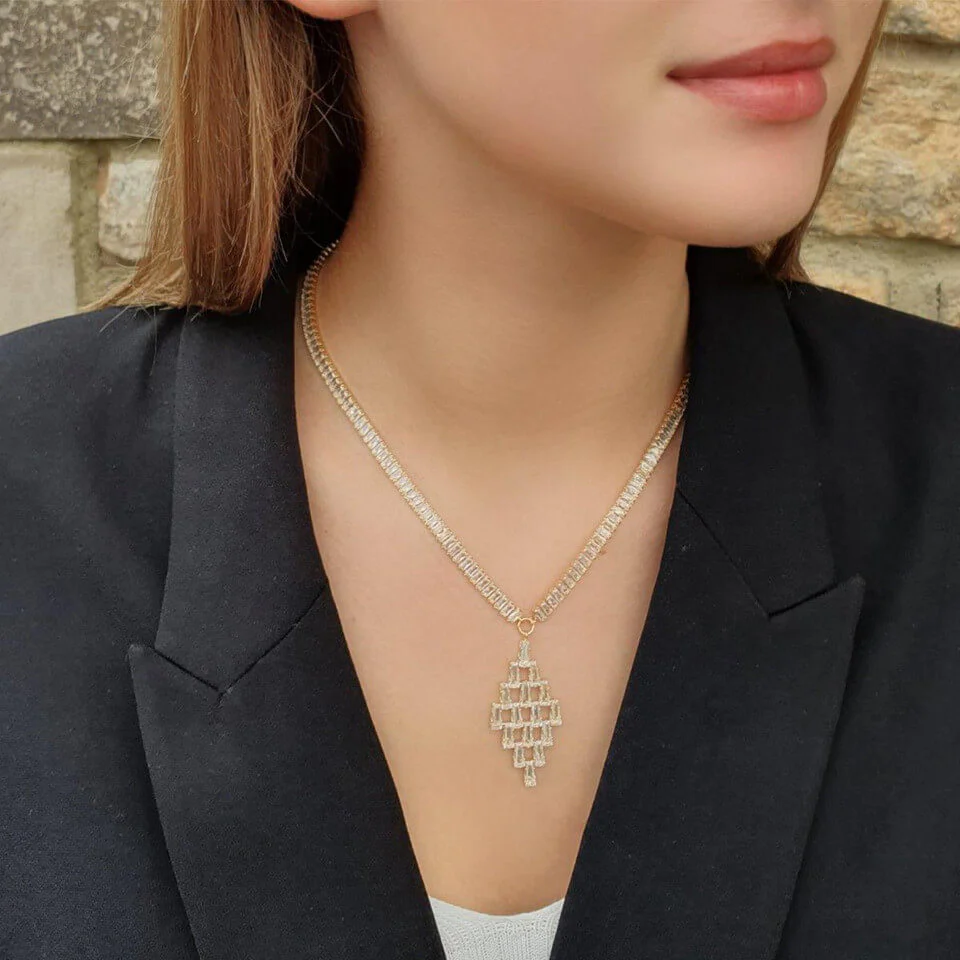 Absolute Gold & Clear Crystal Baguette Chandelier Necklace - Image 2