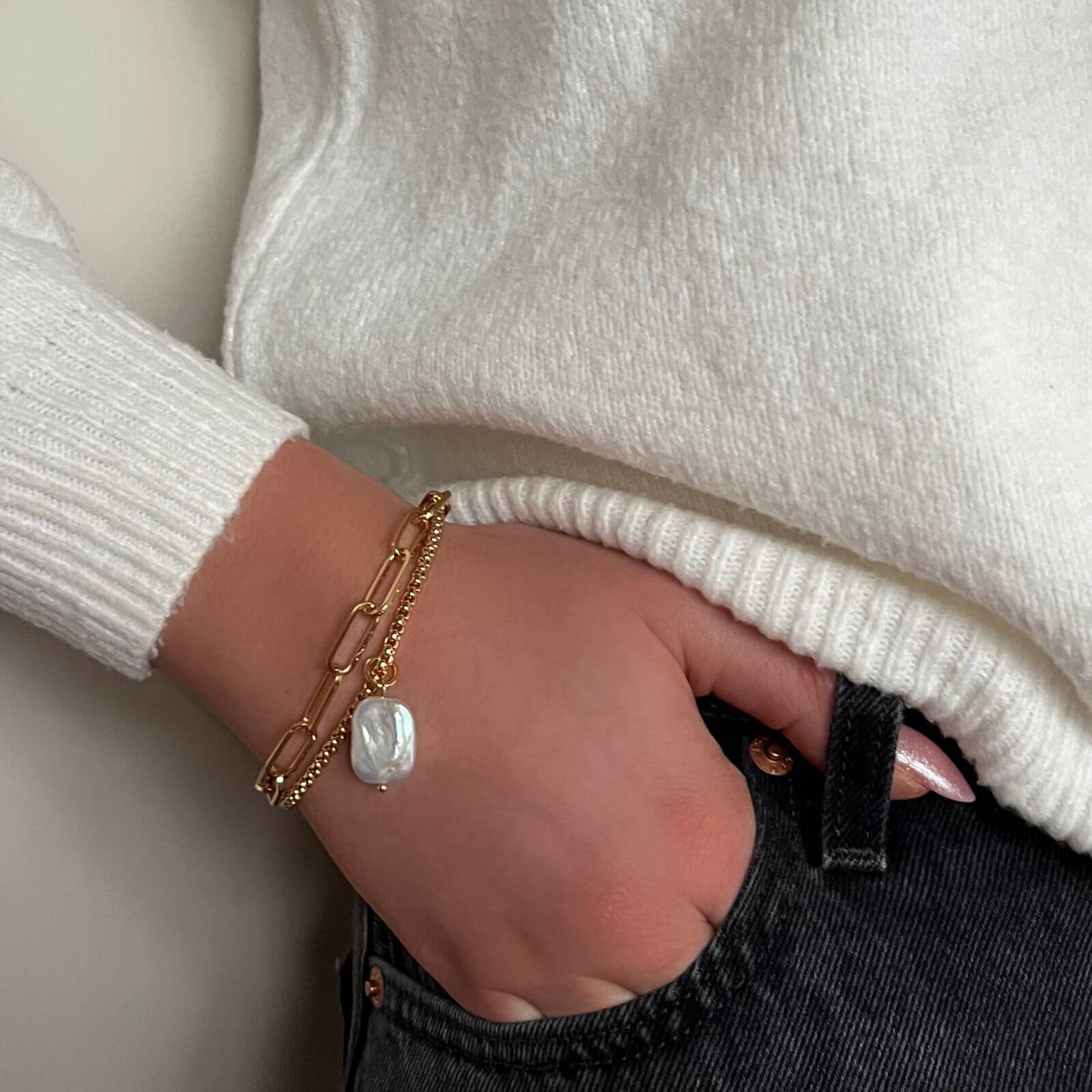 Absolute Gold Double Chain Pearl Pendant Drop Bracelet - Image 2