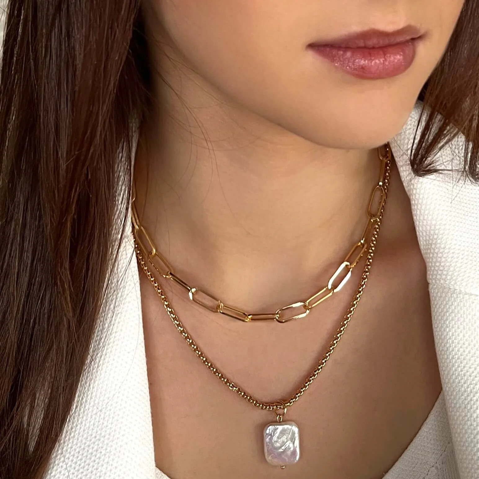 Absolute Gold Double Chain Pearl Pendant Necklace - Image 2