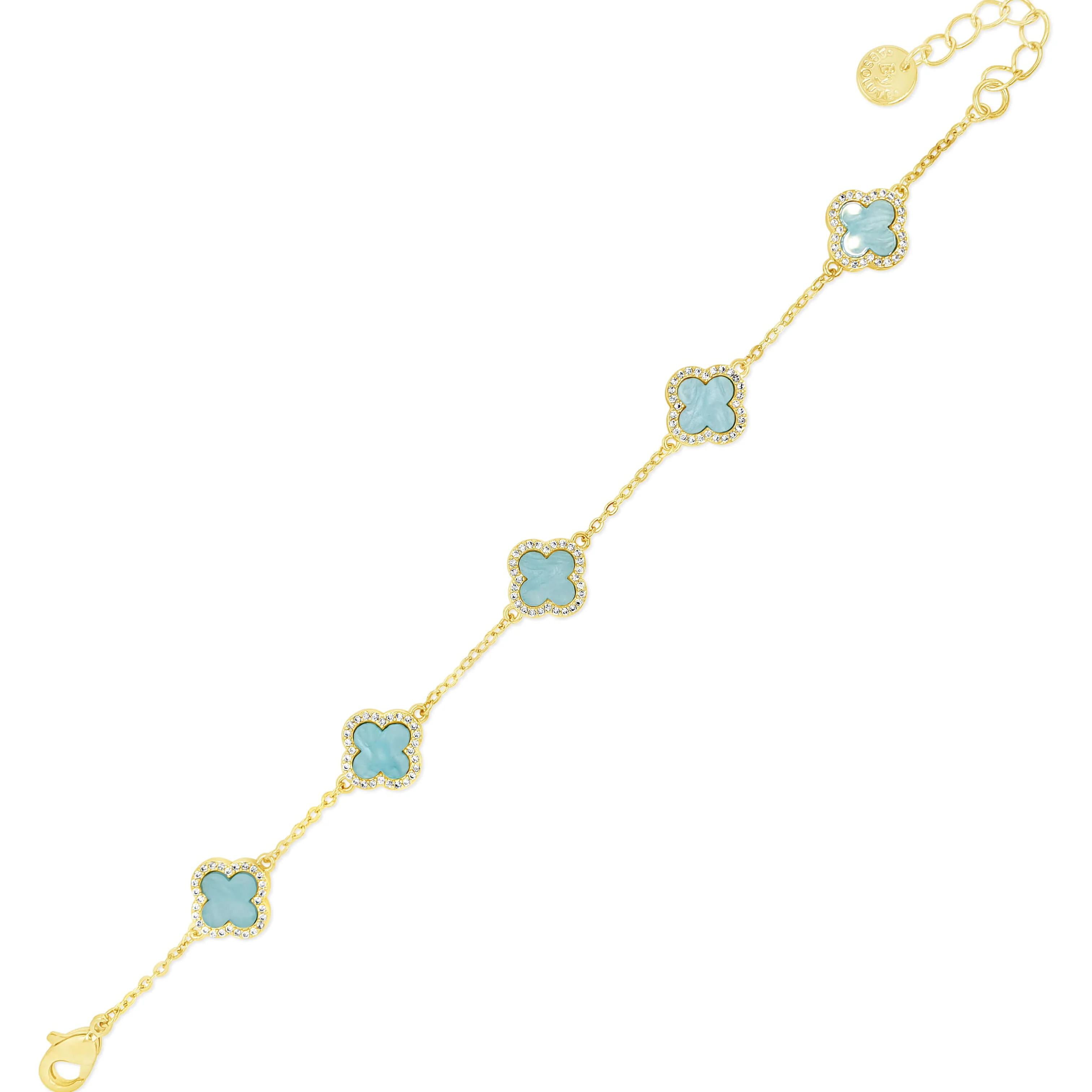 Absolute Gold Fine Chain Aqua Blue Clover Bracelet