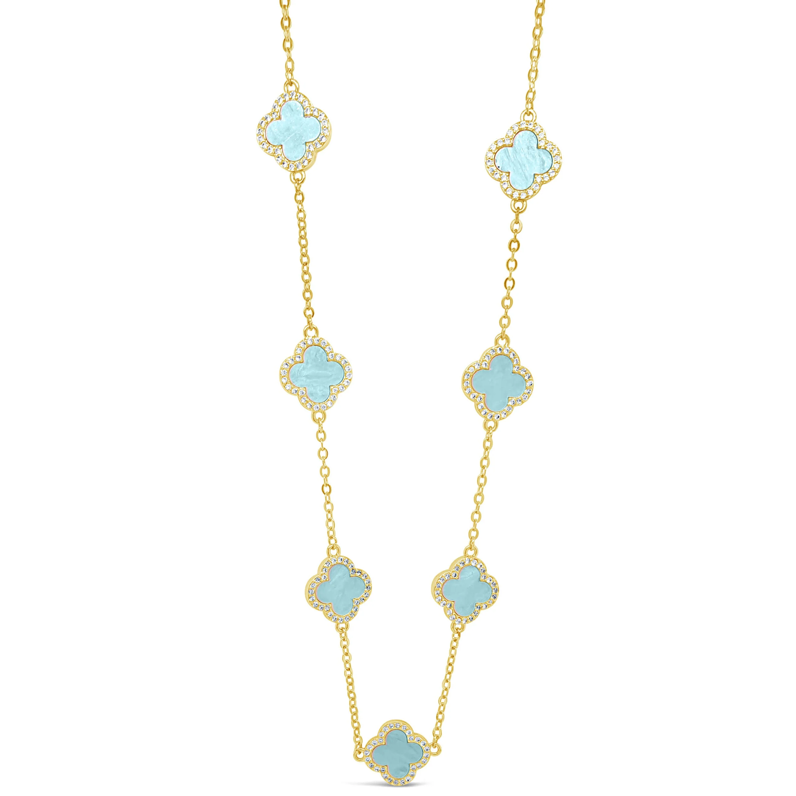 Absolute Gold Fine Chain Aqua Blue Clover Necklace
