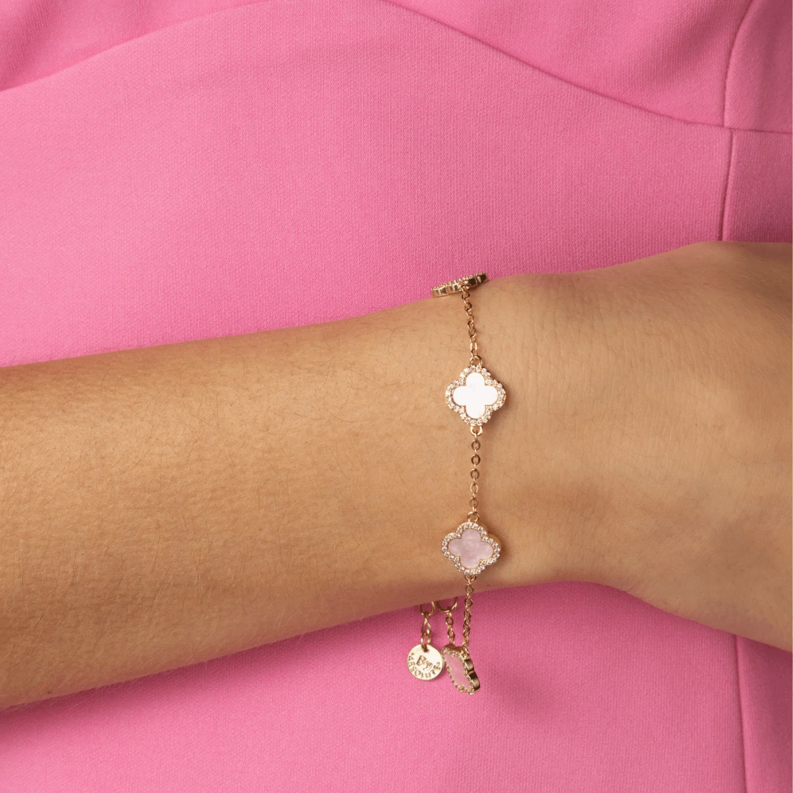Absolute Gold Fine Chain Pale Pink Clover Bracelet - Image 2
