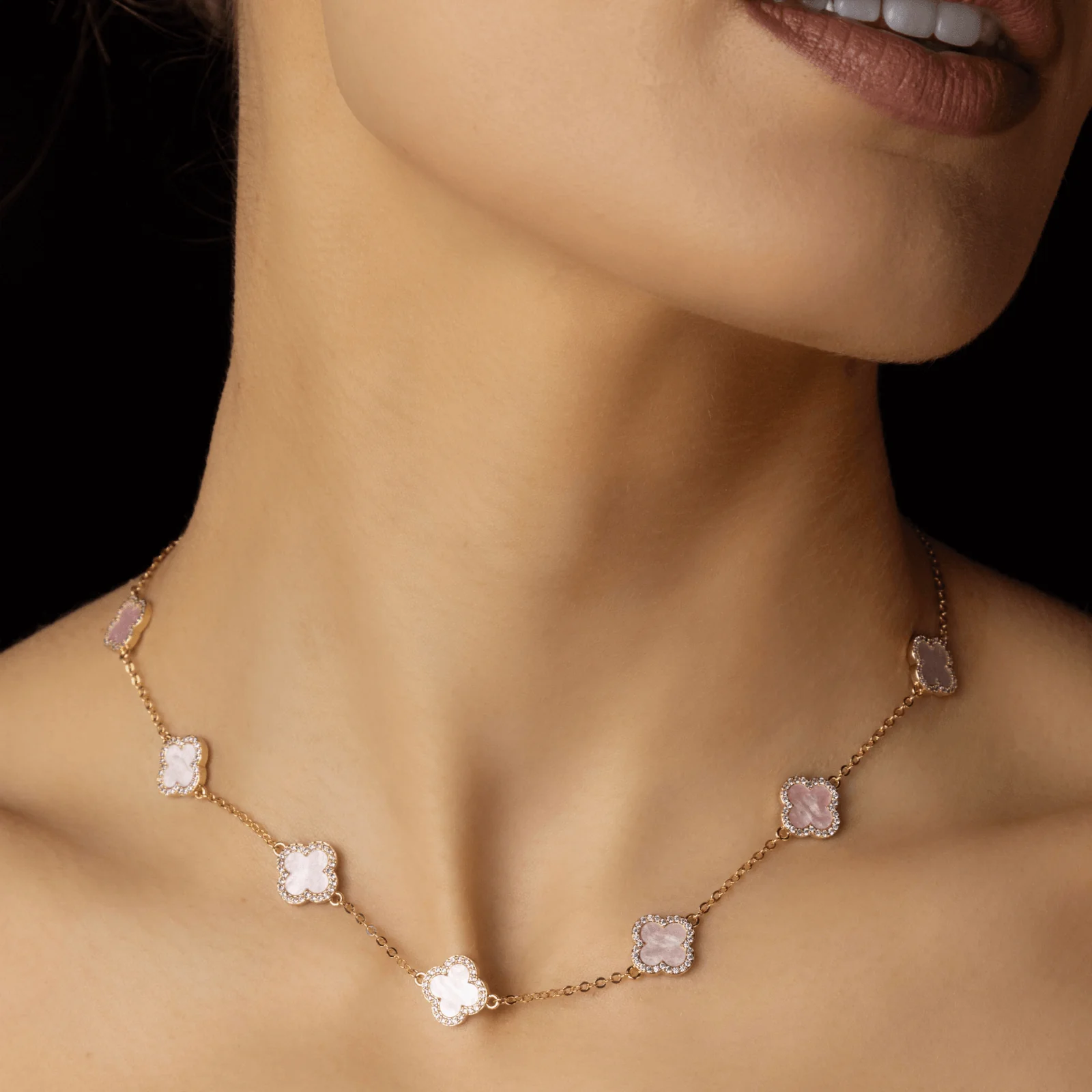 Absolute Gold Fine Chain Pale Pink Clover Necklace - Image 2