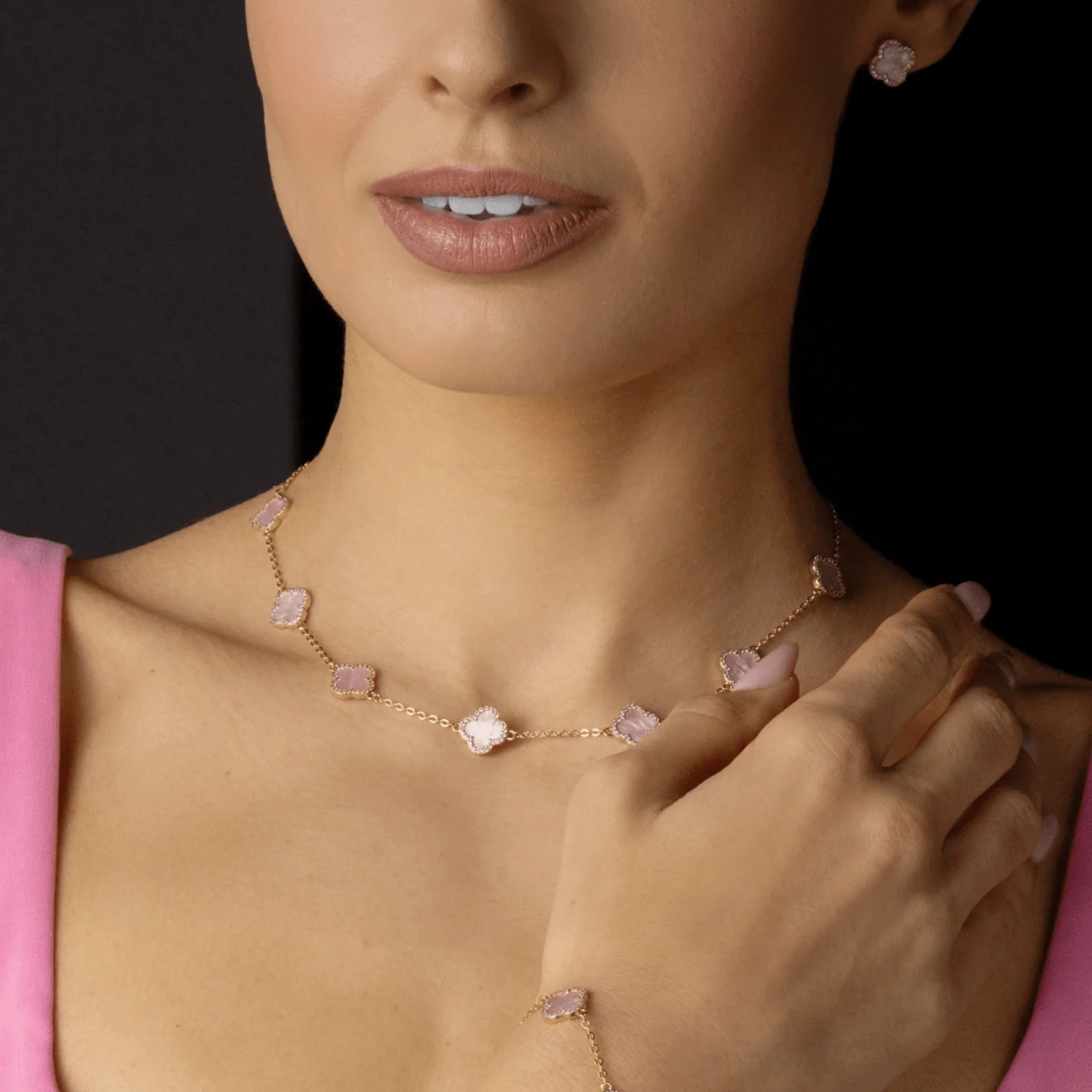 Absolute Gold Fine Chain Pale Pink Clover Necklace - Image 3