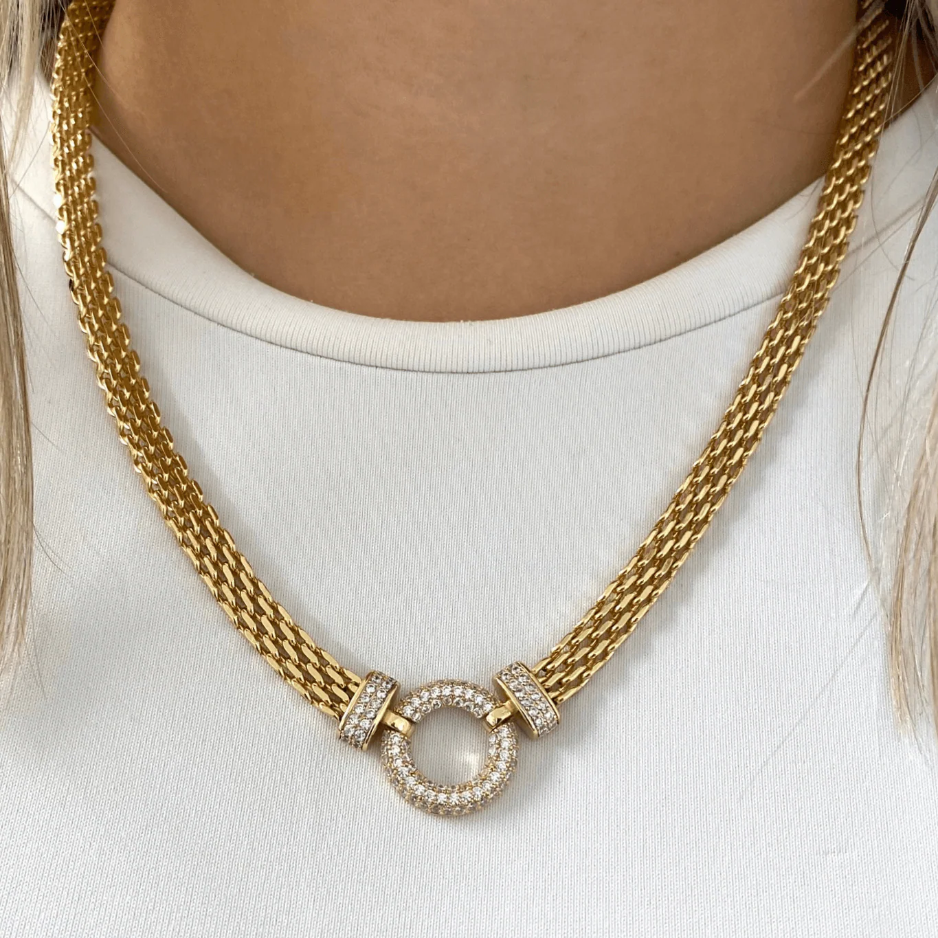 Absolute Gold Pave Crystal Circle & Flat Link Necklace - Image 2