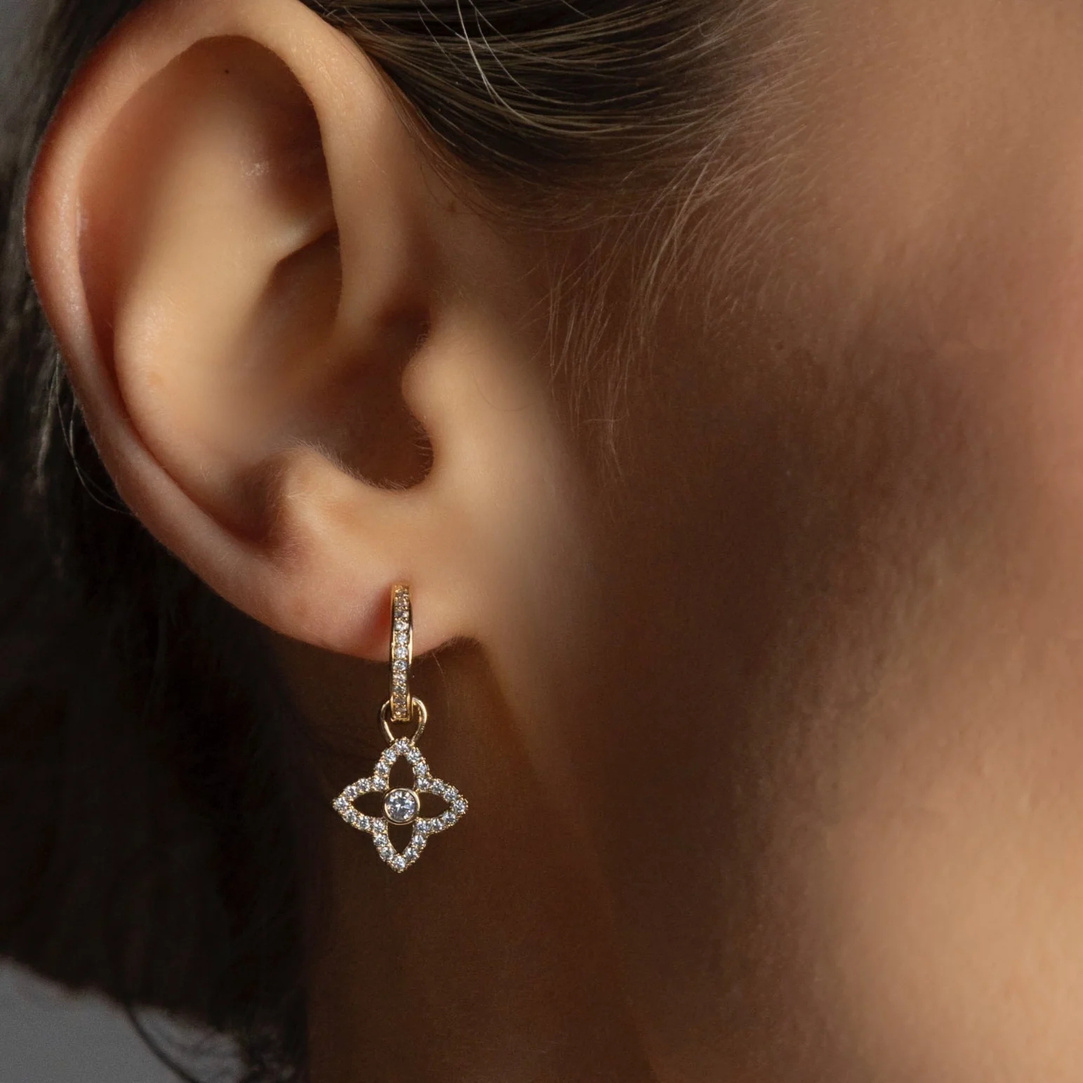 Absolute Gold Sparkly Clover Charm Hoop Earrings - Image 2