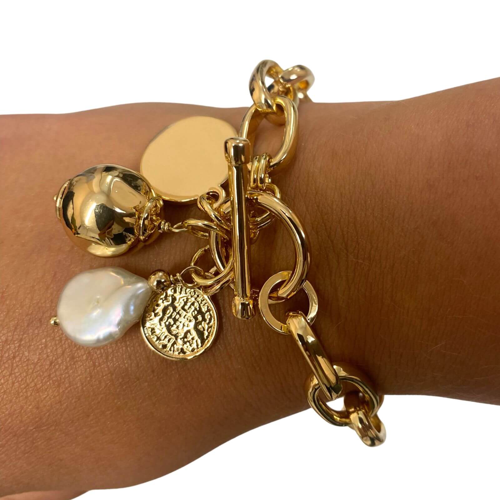 Absolute Gold Sphere & Pearl T Bar Bracelet - Image 2