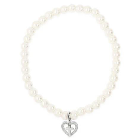 Absolute Kids Silver Pearl with Crystal Heart & Cross Bracelet