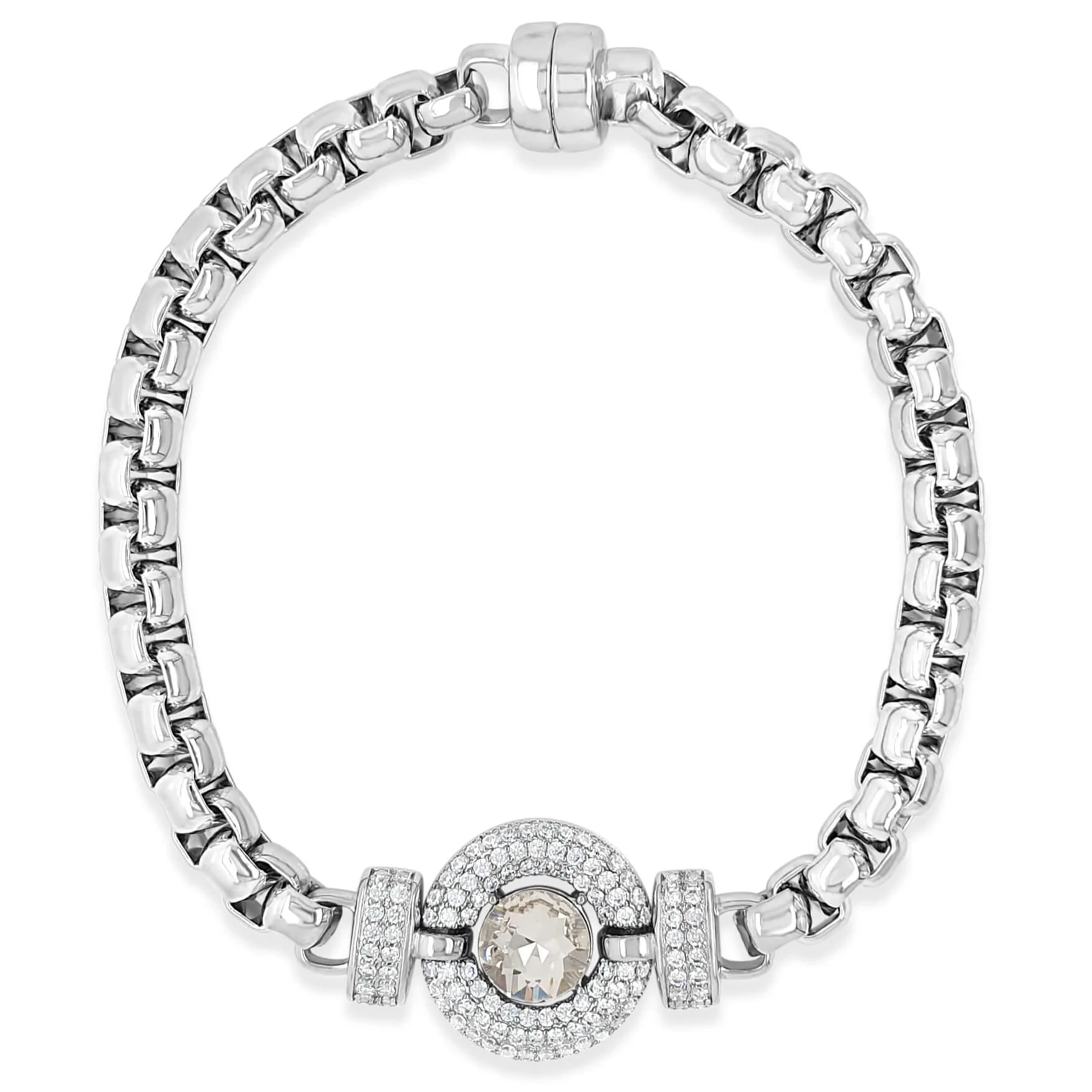 Absolute Silver Chubby Round Link Halo Crystal Magnetic Bracelet