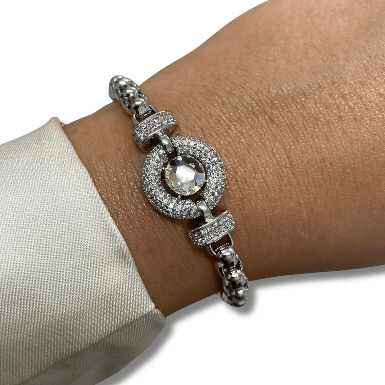 Absolute Silver Chubby Round Link Halo Crystal Magnetic Bracelet - Image 2