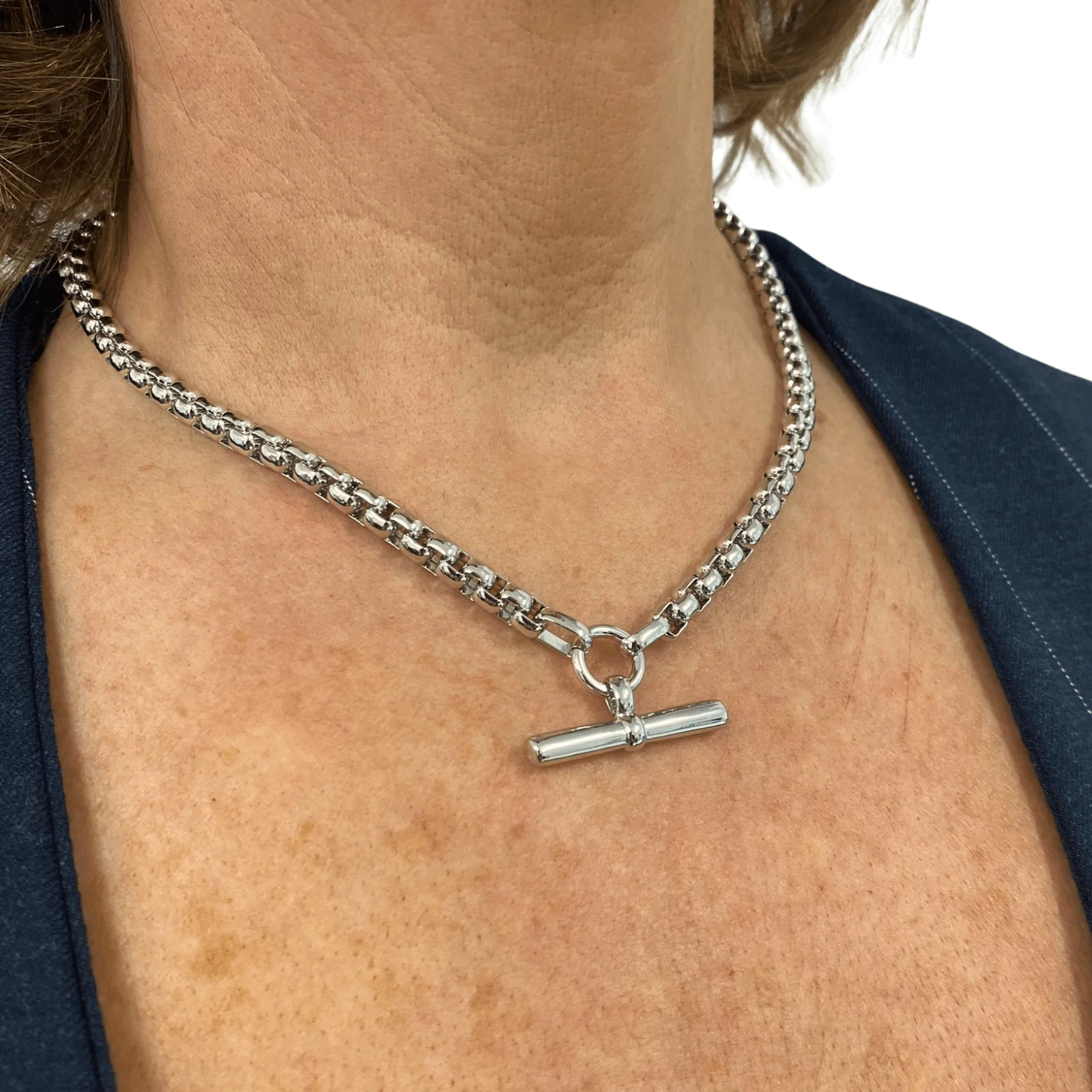 Absolute Silver Chubby Round Link TBar Necklace - Image 3