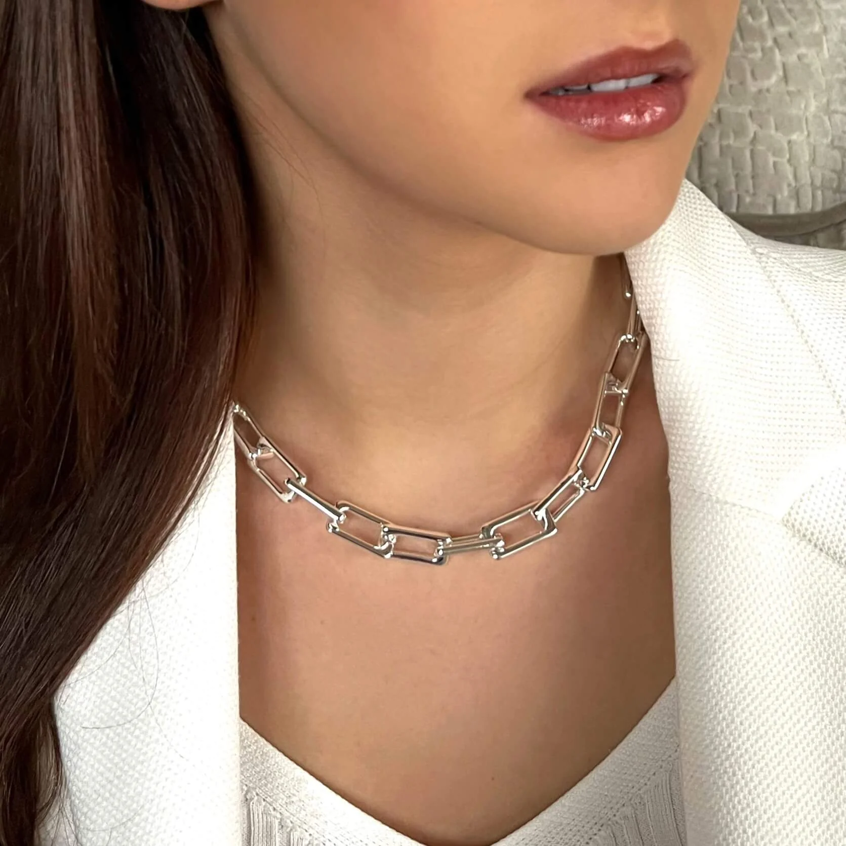 Absolute Silver Chunky Rectangle Link Necklace - Image 2