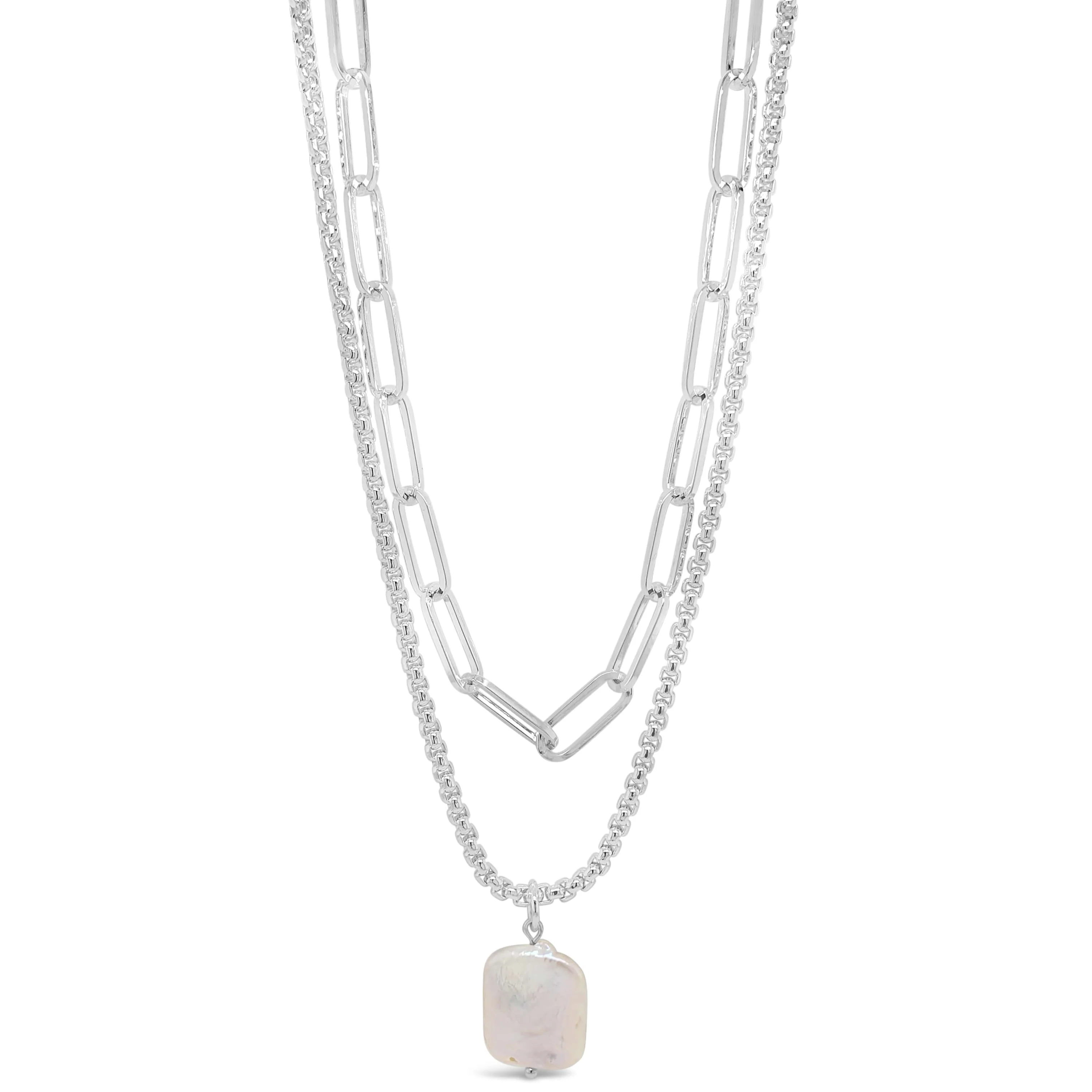 Absolute Silver Double Chain Pearl Pendant Necklace
