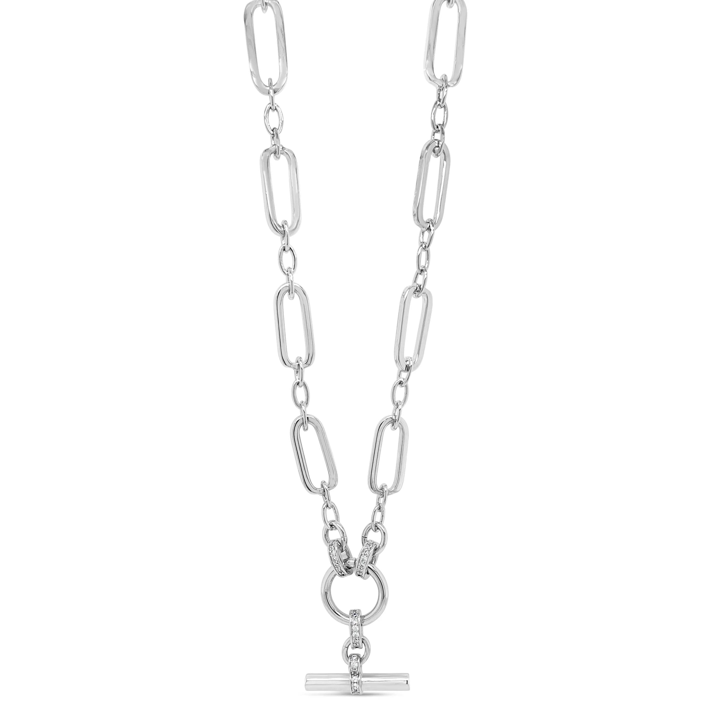 Absolute Silver Oval Link Sparkle TBar Necklace