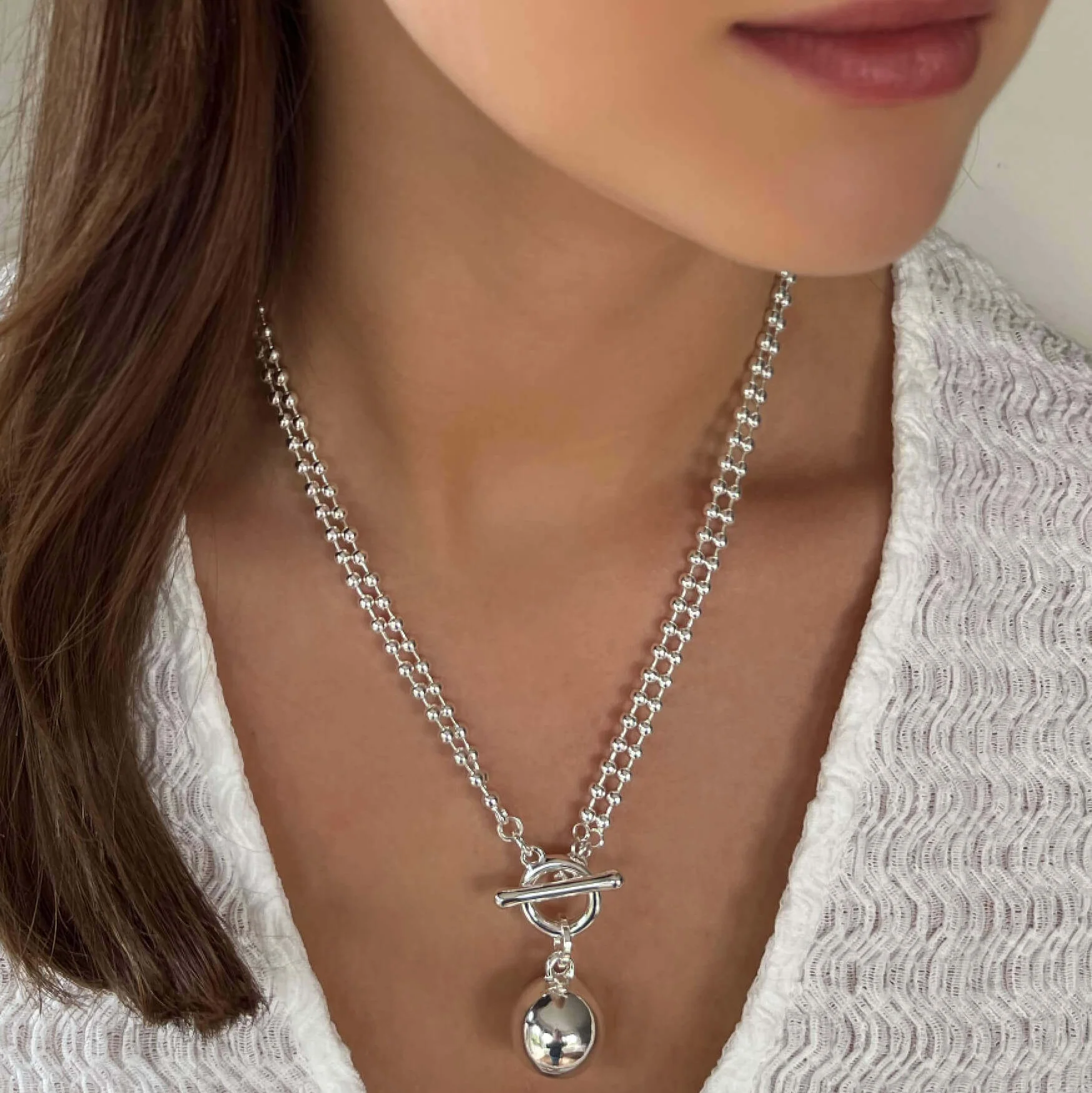 Absolute Silver TBar Bead Chain Sphere Pendant Necklace - Image 2