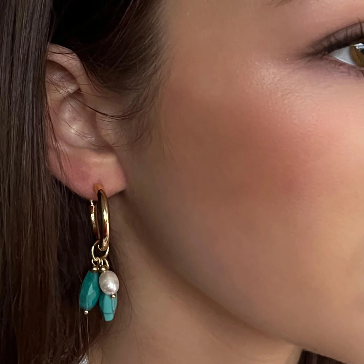 Absolute Turquoise & Pearl Bead Hoop Earrings - Image 2