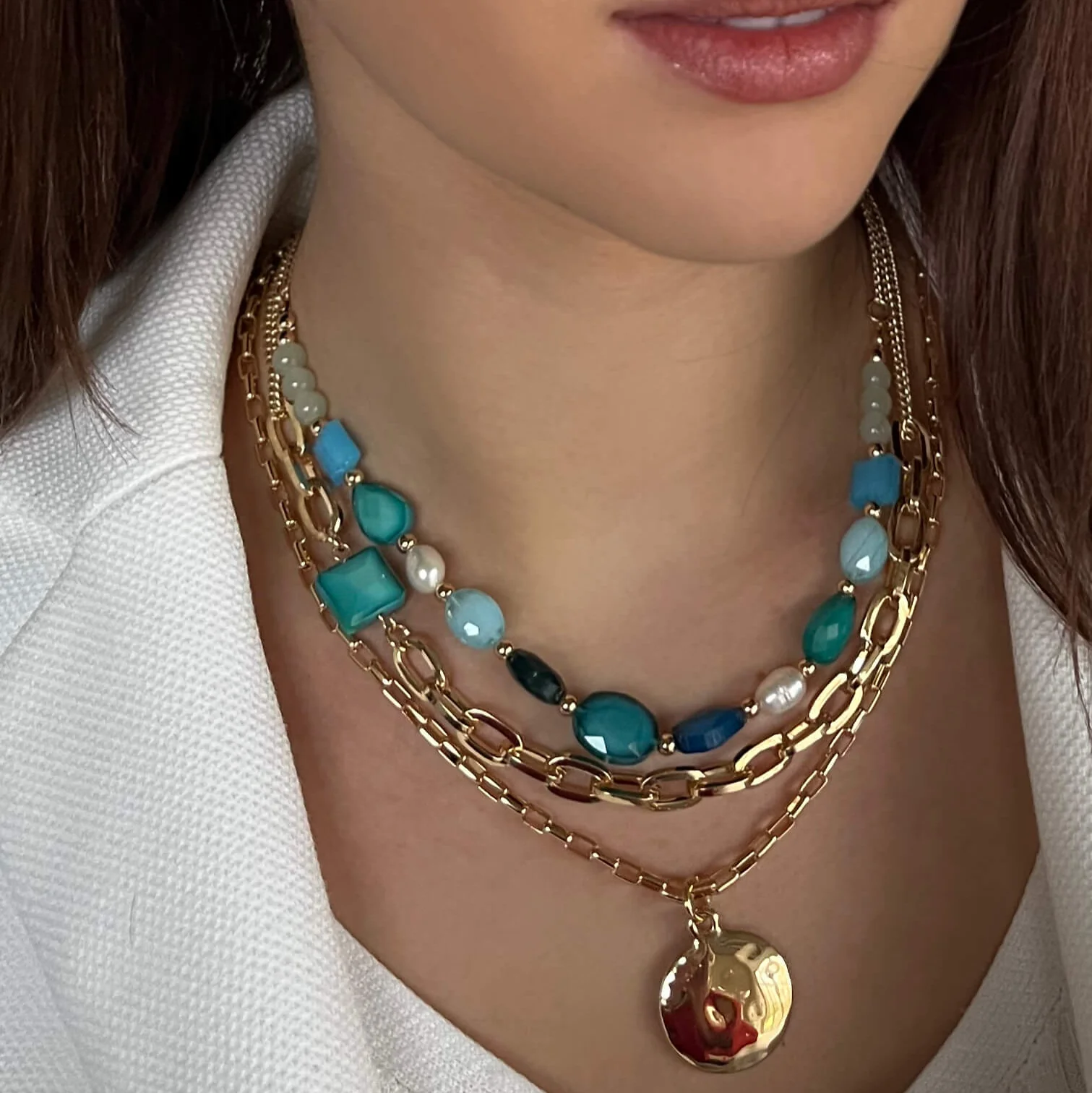 Absolute Turquoise & Pearl Gold Triple Layer Necklace - Image 2
