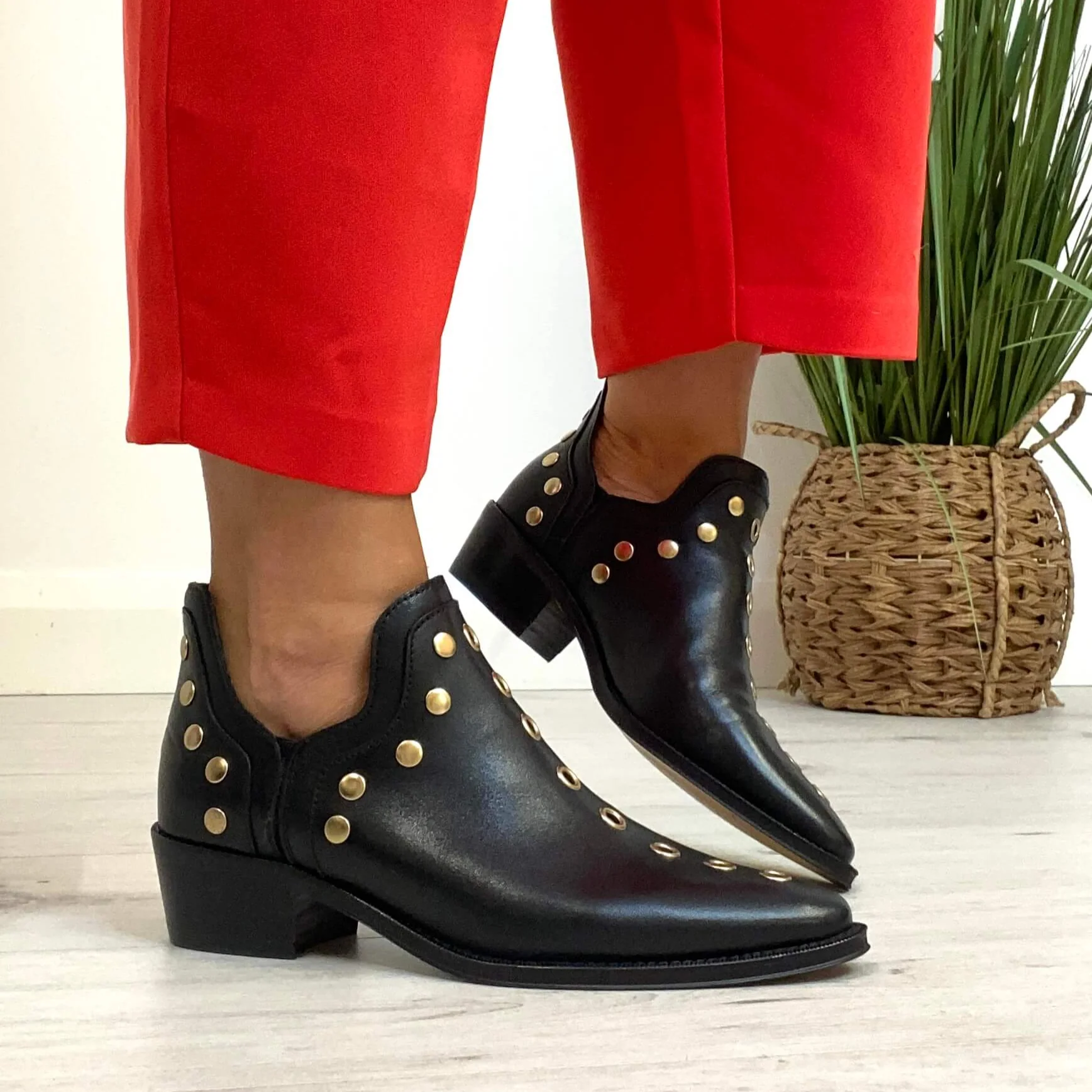 Alpe Black Leather Low Cut Gold Studded Ankle Boots - Image 4
