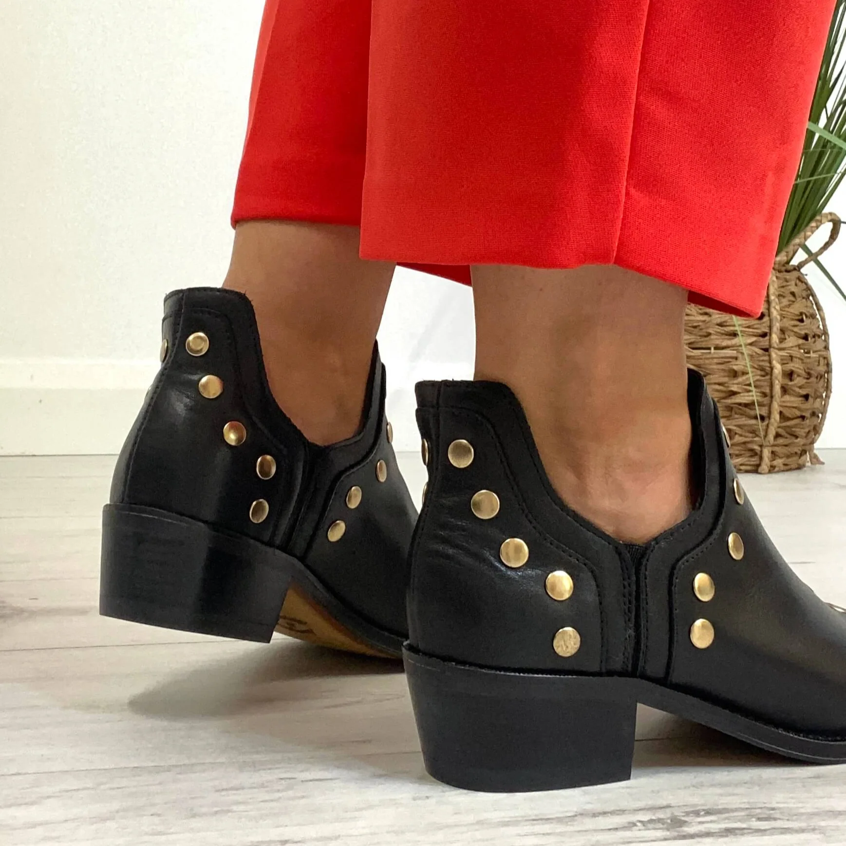 Alpe Black Leather Low Cut Gold Studded Ankle Boots - Image 5