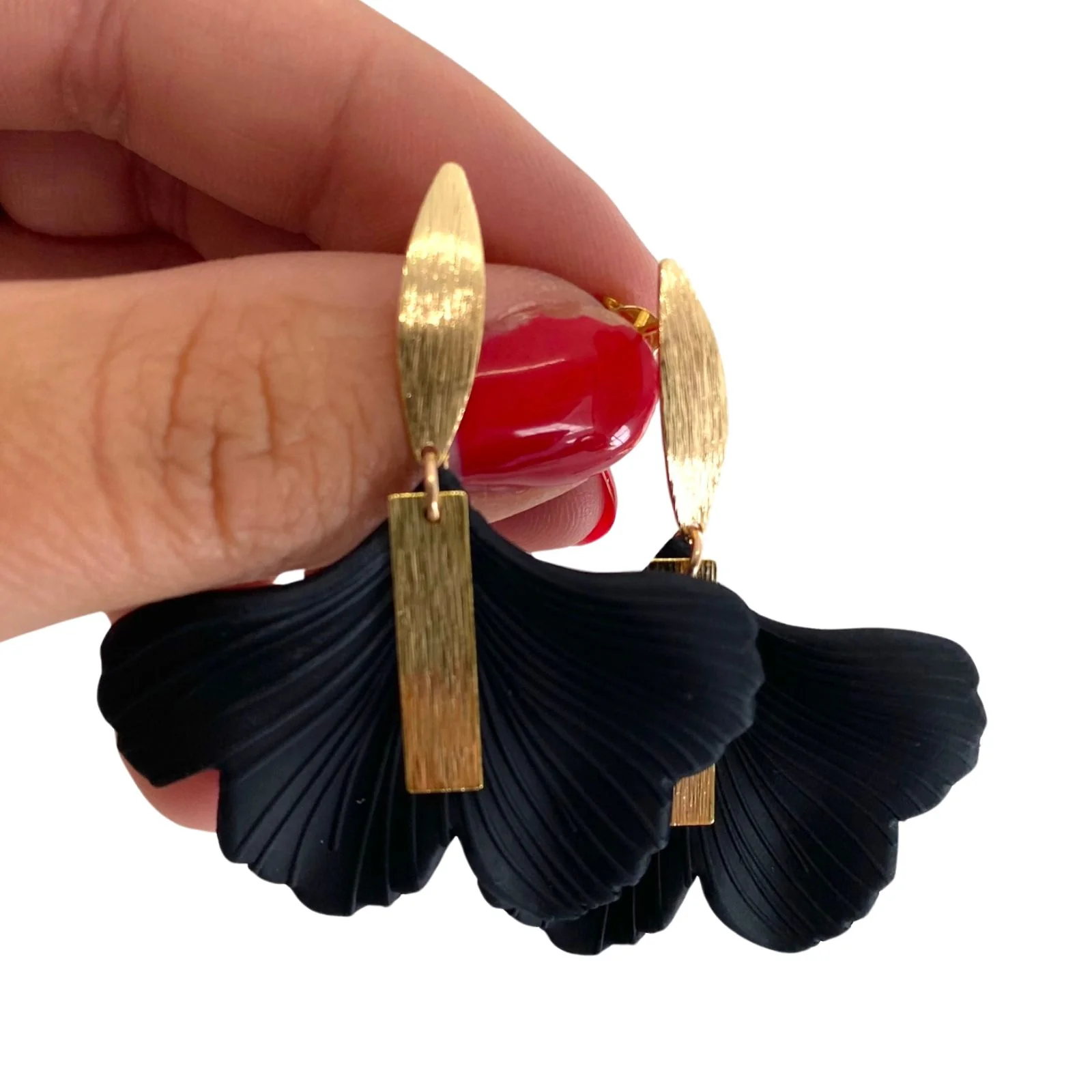 Angela D'Arcy Gold Black Gingko Leaf Earrings - Image 2