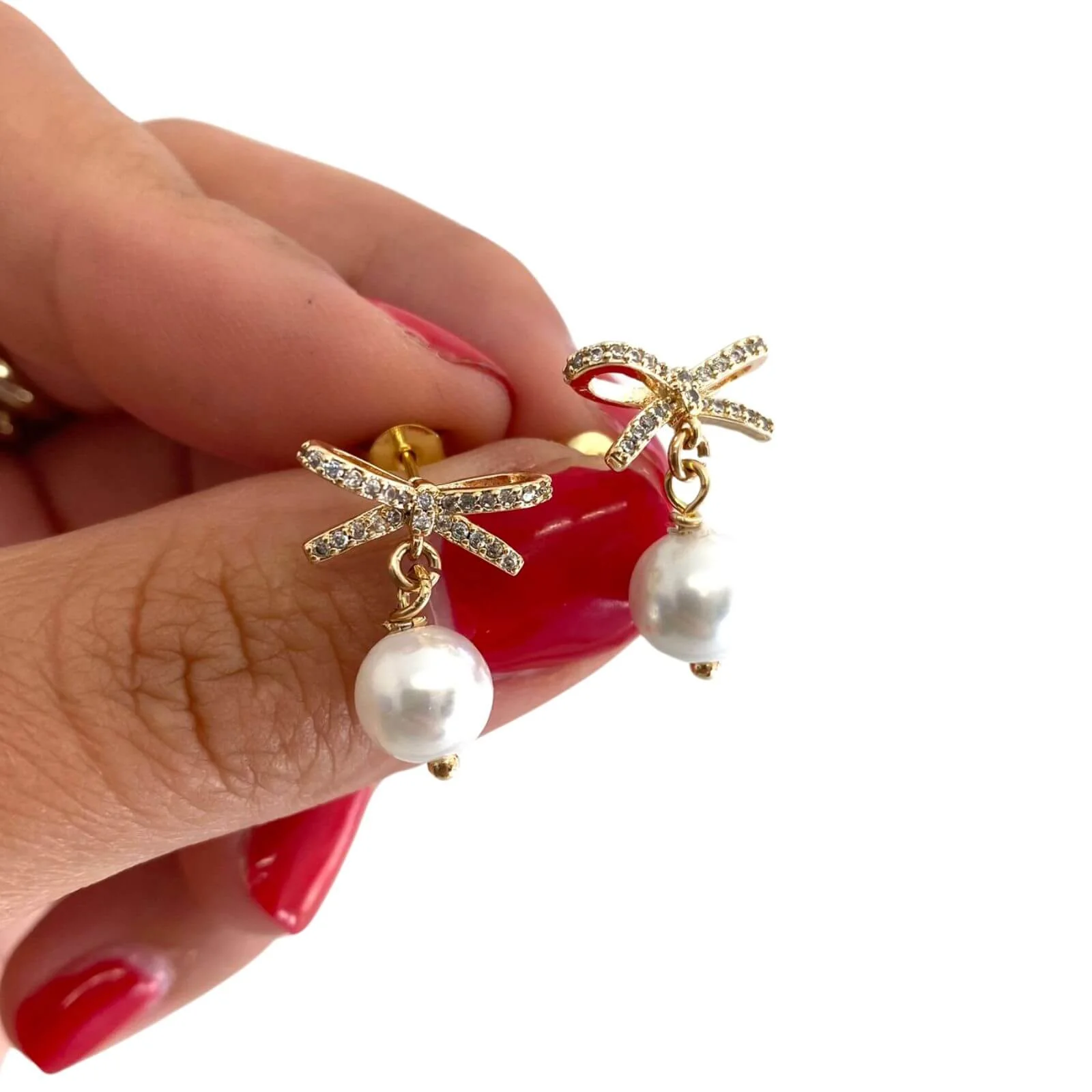 Angela D'Arcy Gold Bow Pearl Drop Earrings