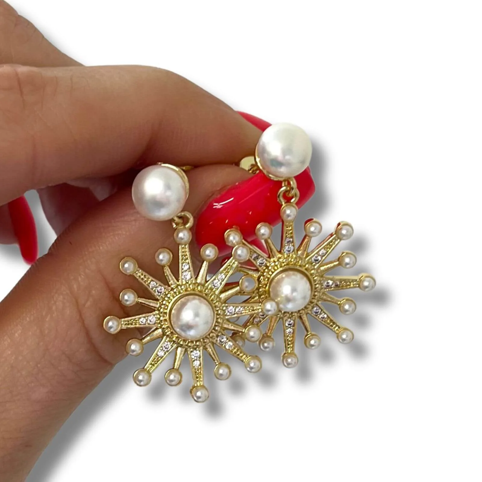 Angela D'Arcy Gold Double Pearl Burst Earrings