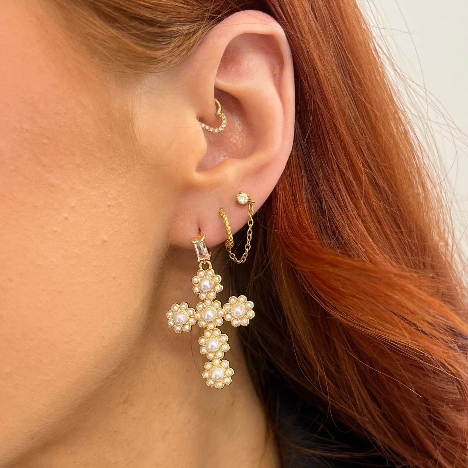 Angela D'Arcy Gold Large Cross Pearl Drop Earrings - Image 2