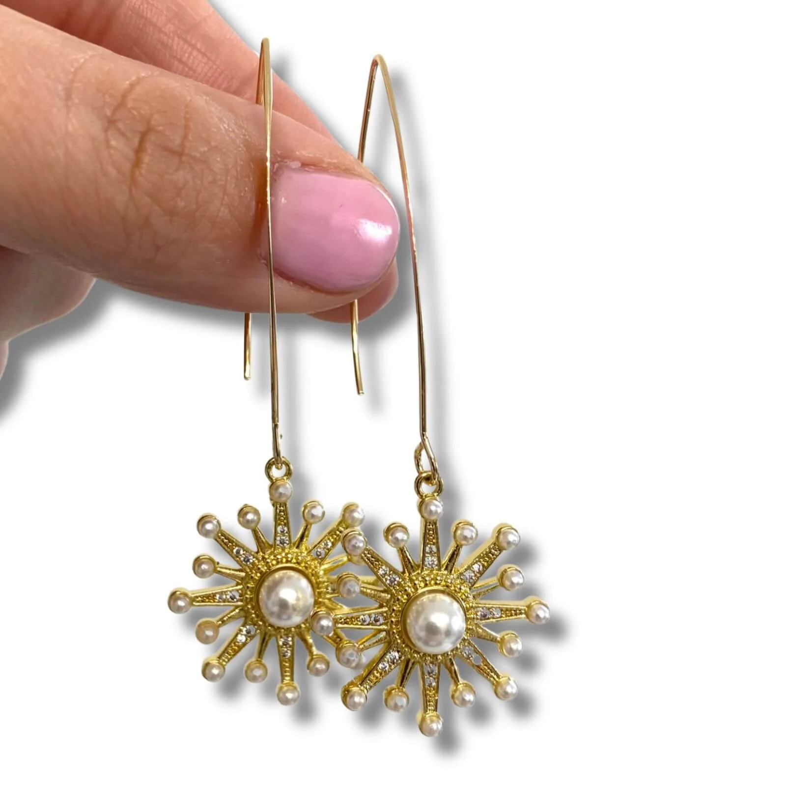 Angela D'Arcy Gold Pearl Burst Long Hook Earrings