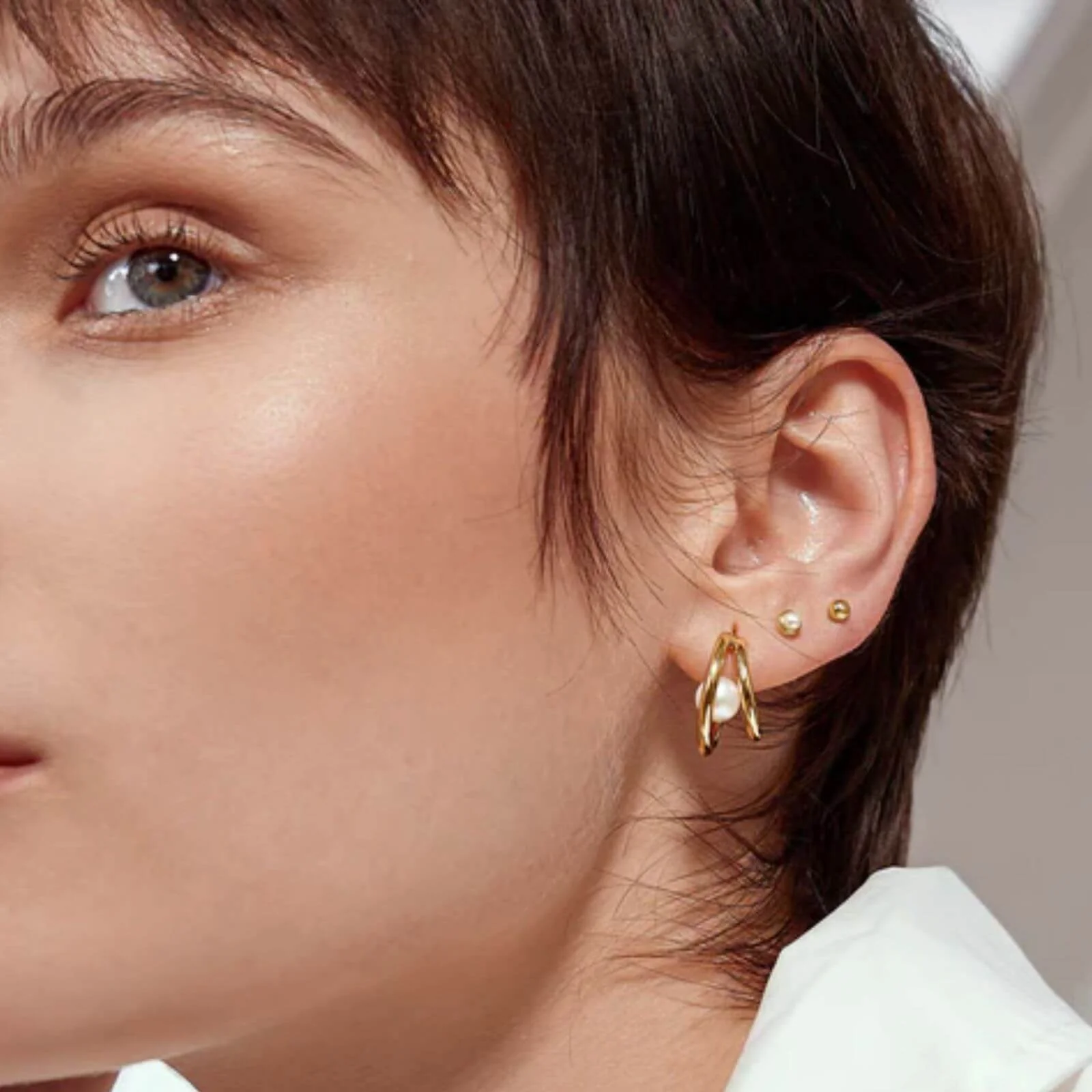 Ania Haie Chic Creator Gold Duo Freshwater Pearl Stud Hoops - Image 2