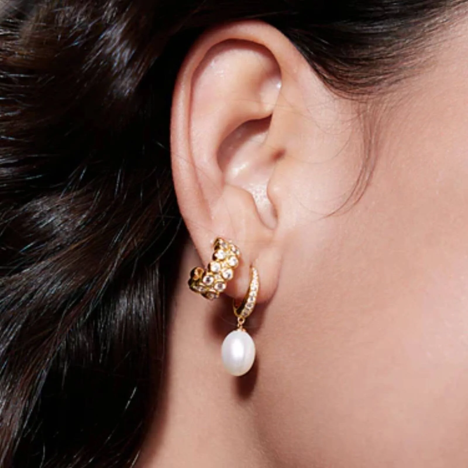 Ania Haie Chic Creator Gold Freshwater Pearl & Zirconia Pave Drop Huggie Earrings - Image 2