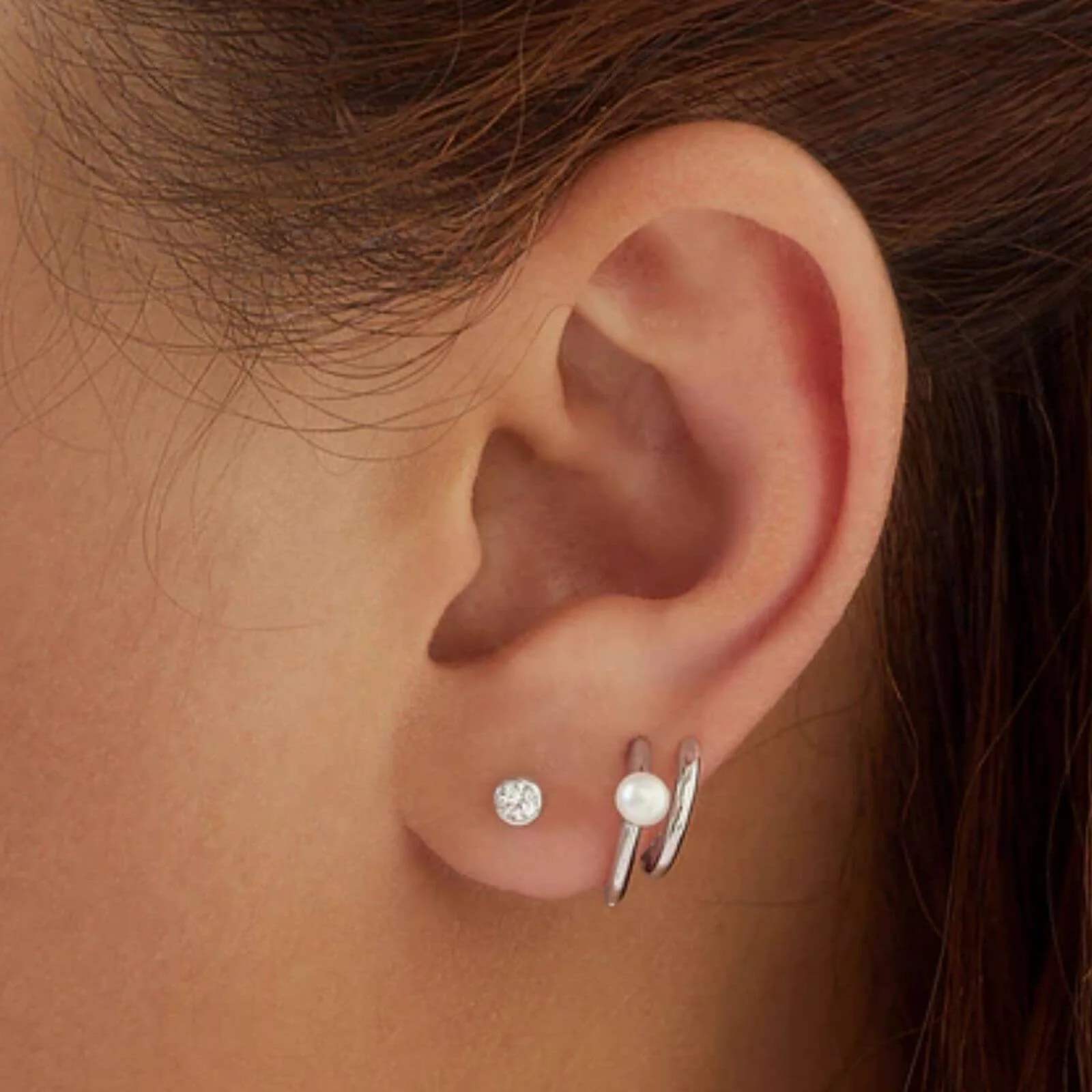 Ania Haie Chic Creator Silver Pearl Double Hoop Earrings - Image 2
