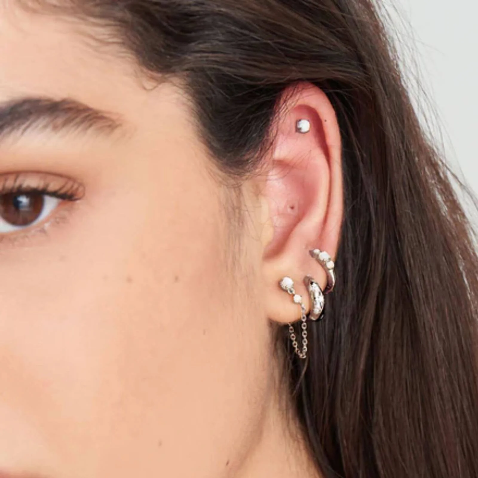 Ania Haie Silver Mother Of Pearl Opal Chain Drop Stud Earrings - Image 2