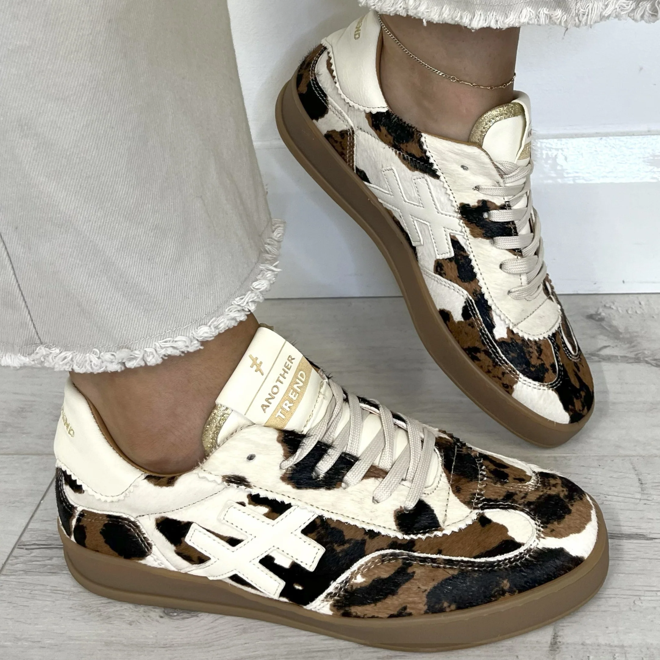Another Trend Cream & Brown Cow Print Sneakers - Image 3