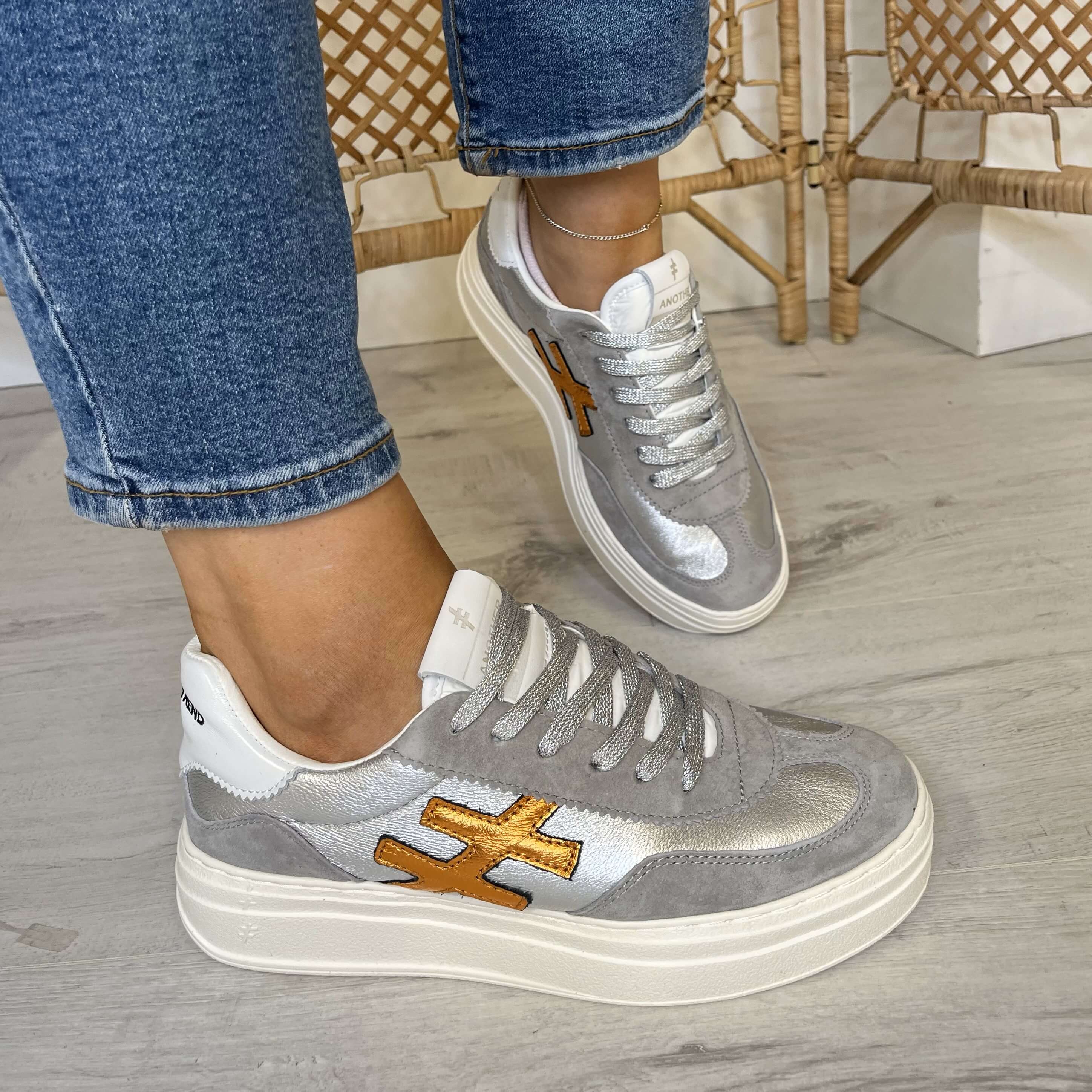 Another Trend Grey, Silver & Orange Metallic Platform Sneakers - Image 4
