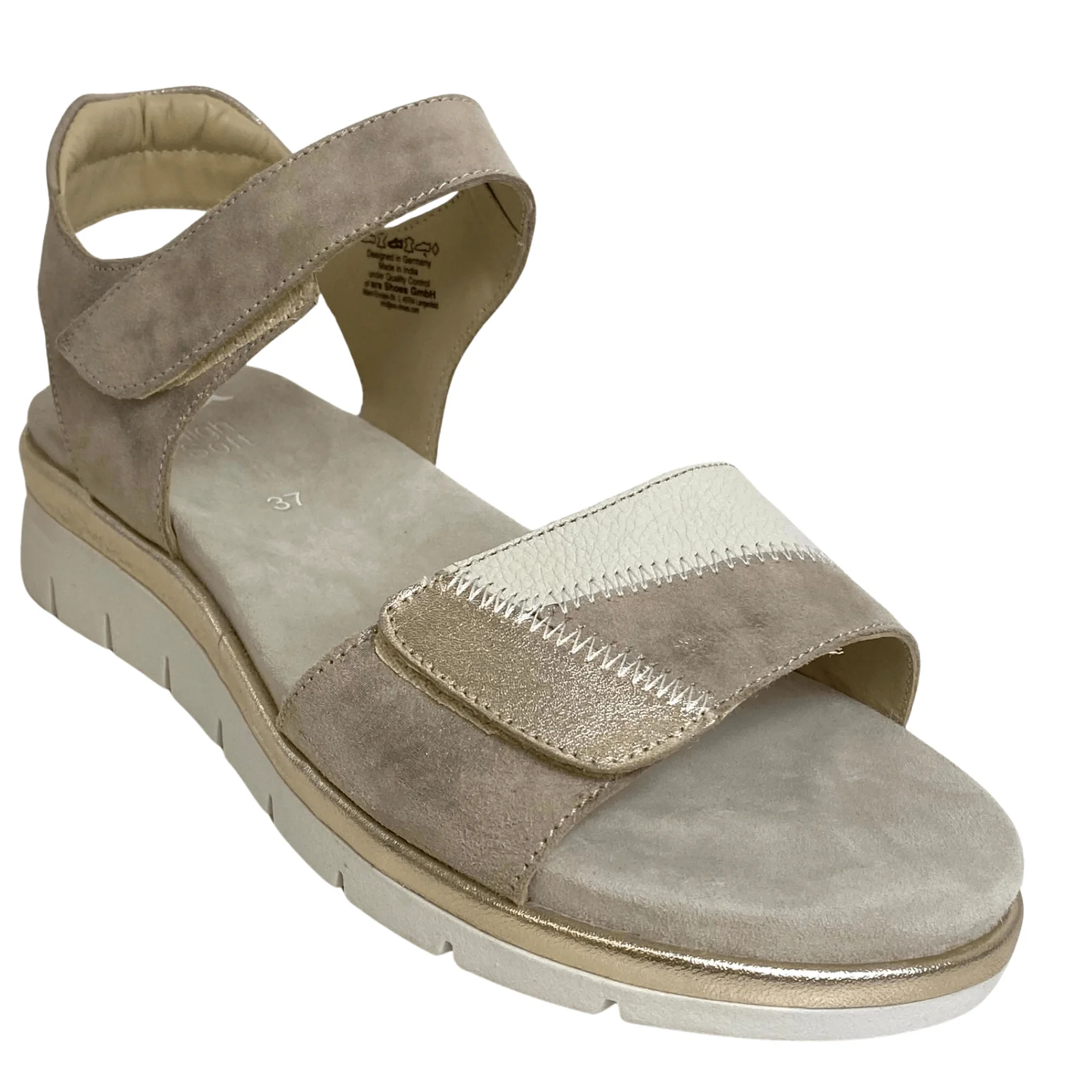 Ara Cream & Pale Gold Leather Velcro Strap Sandals - Image 3
