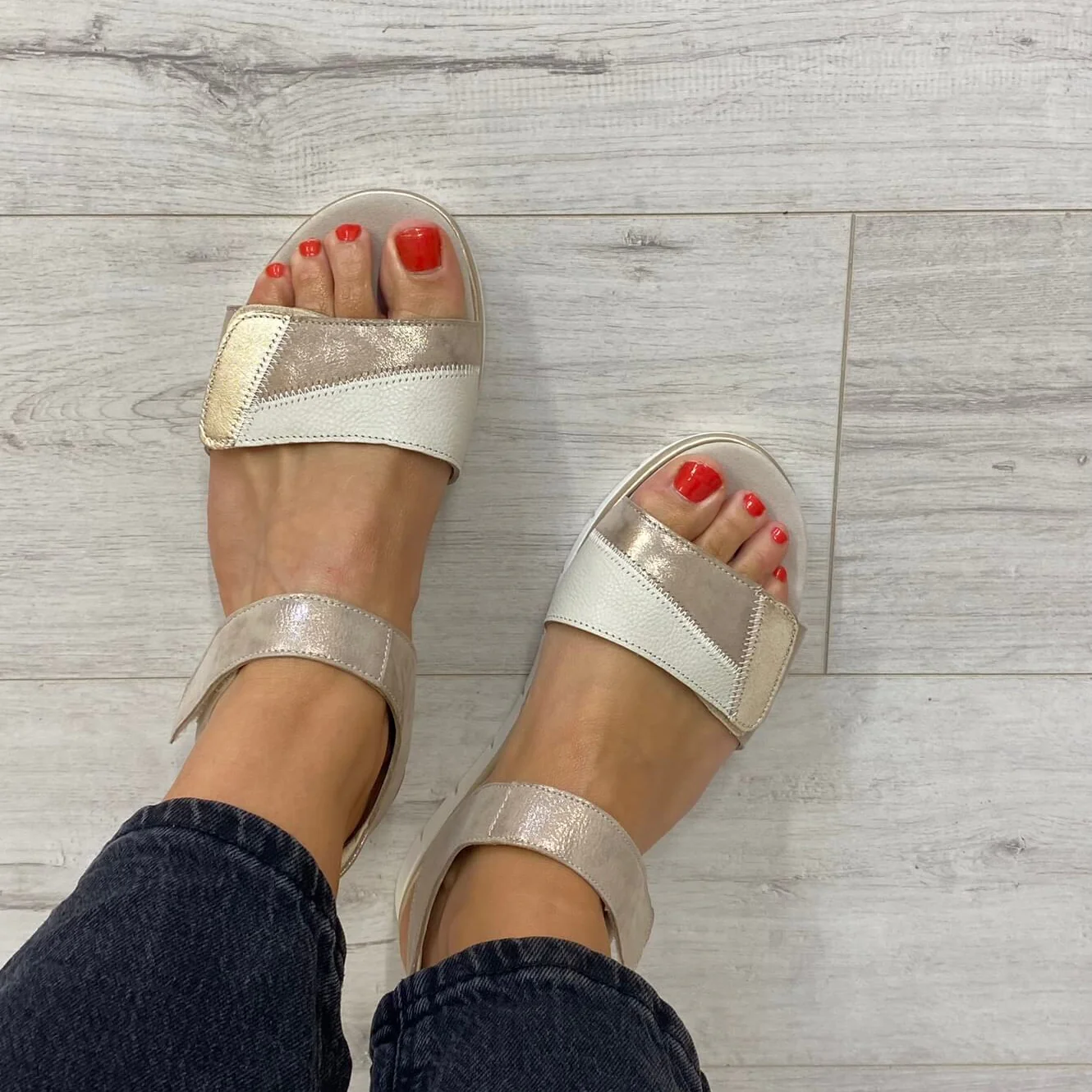 Ara Cream & Pale Gold Leather Velcro Strap Sandals - Image 4