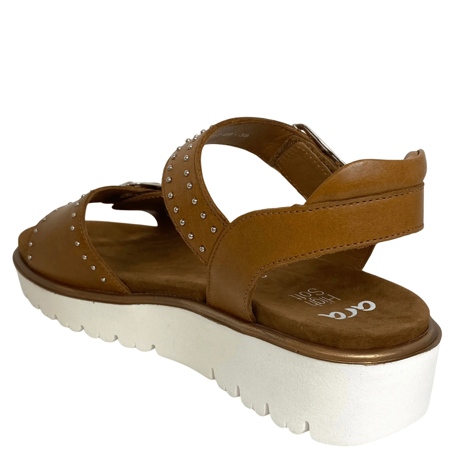 Ara Tan Leather Silver Studded Velcro Strap Sandals - Image 3