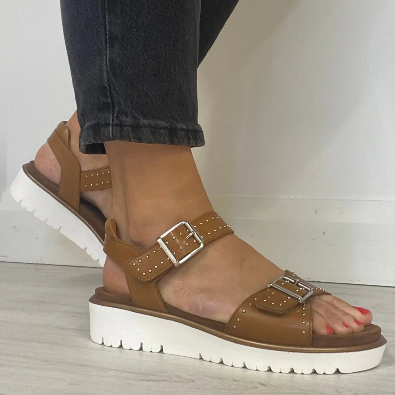 Ara Tan Leather Silver Studded Velcro Strap Sandals - Image 4