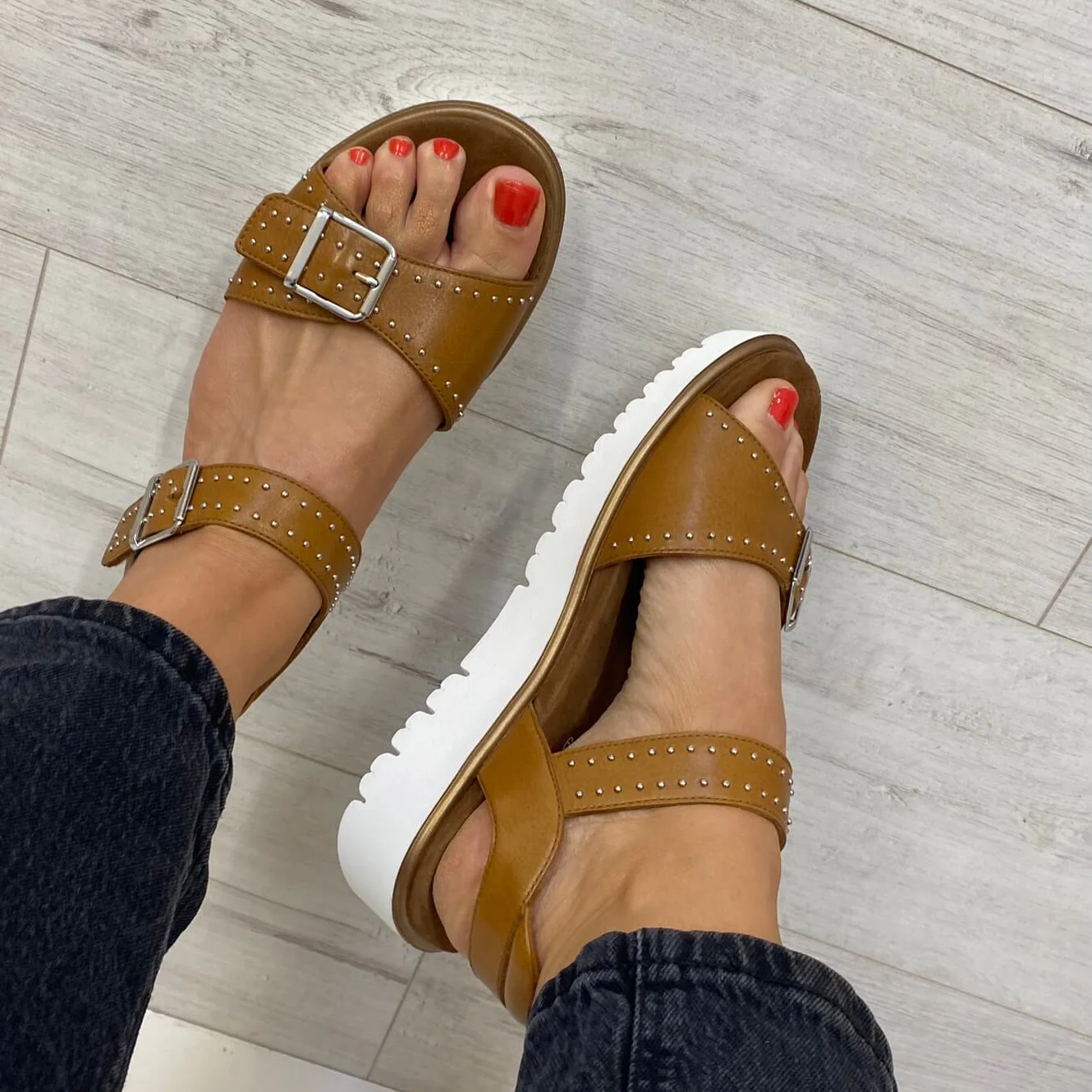 Ara Tan Leather Silver Studded Velcro Strap Sandals - Image 5