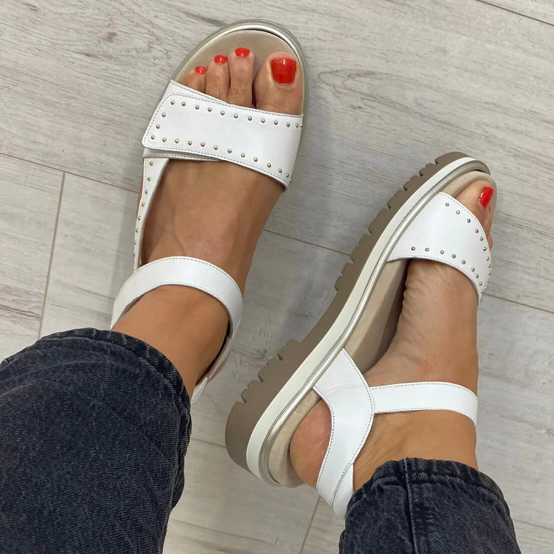 Ara White Leather Gold Studded Velcro Strap Sandals - Image 6