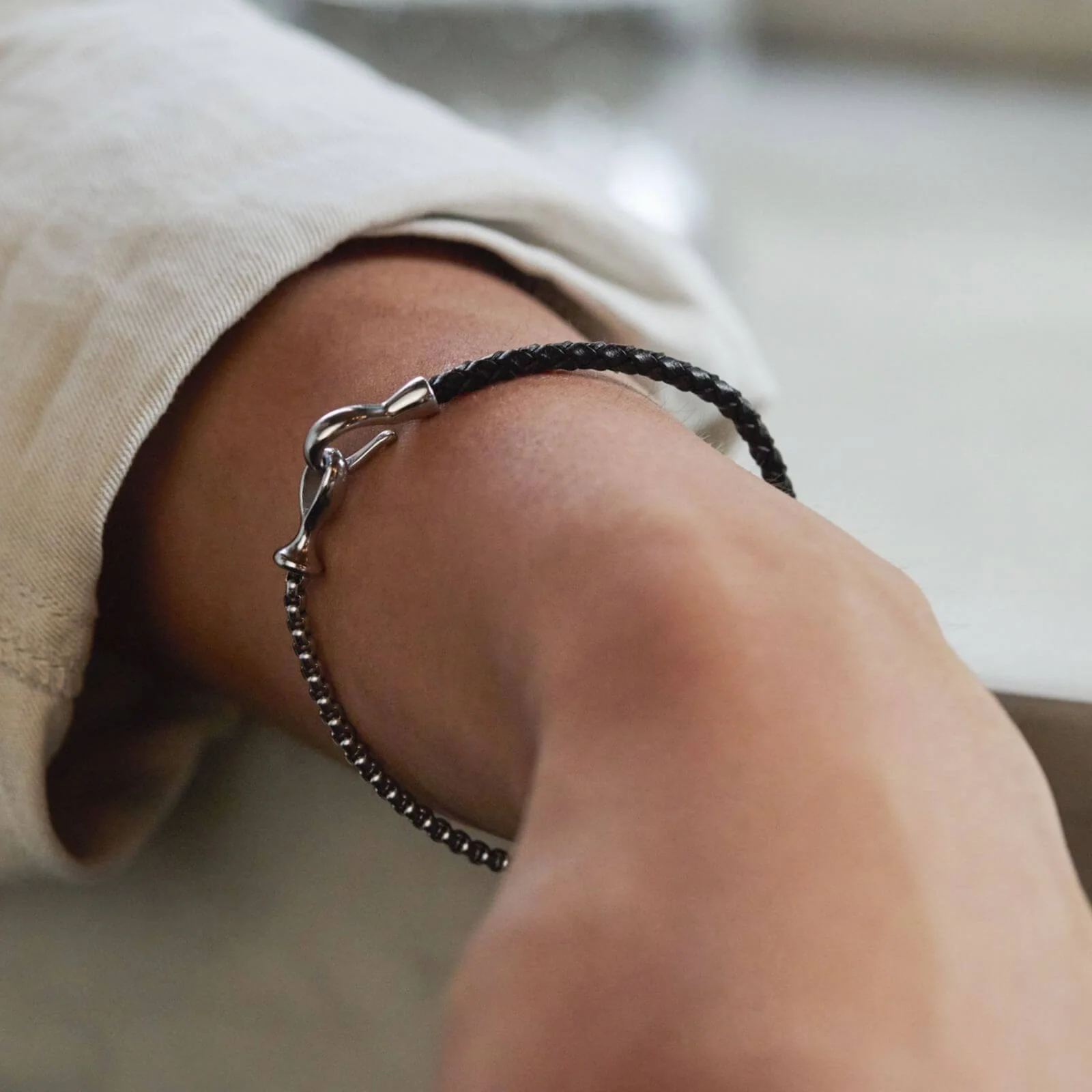 Bartlett Gents Black Leather & Silver Chain Hook Bracelet - Image 2