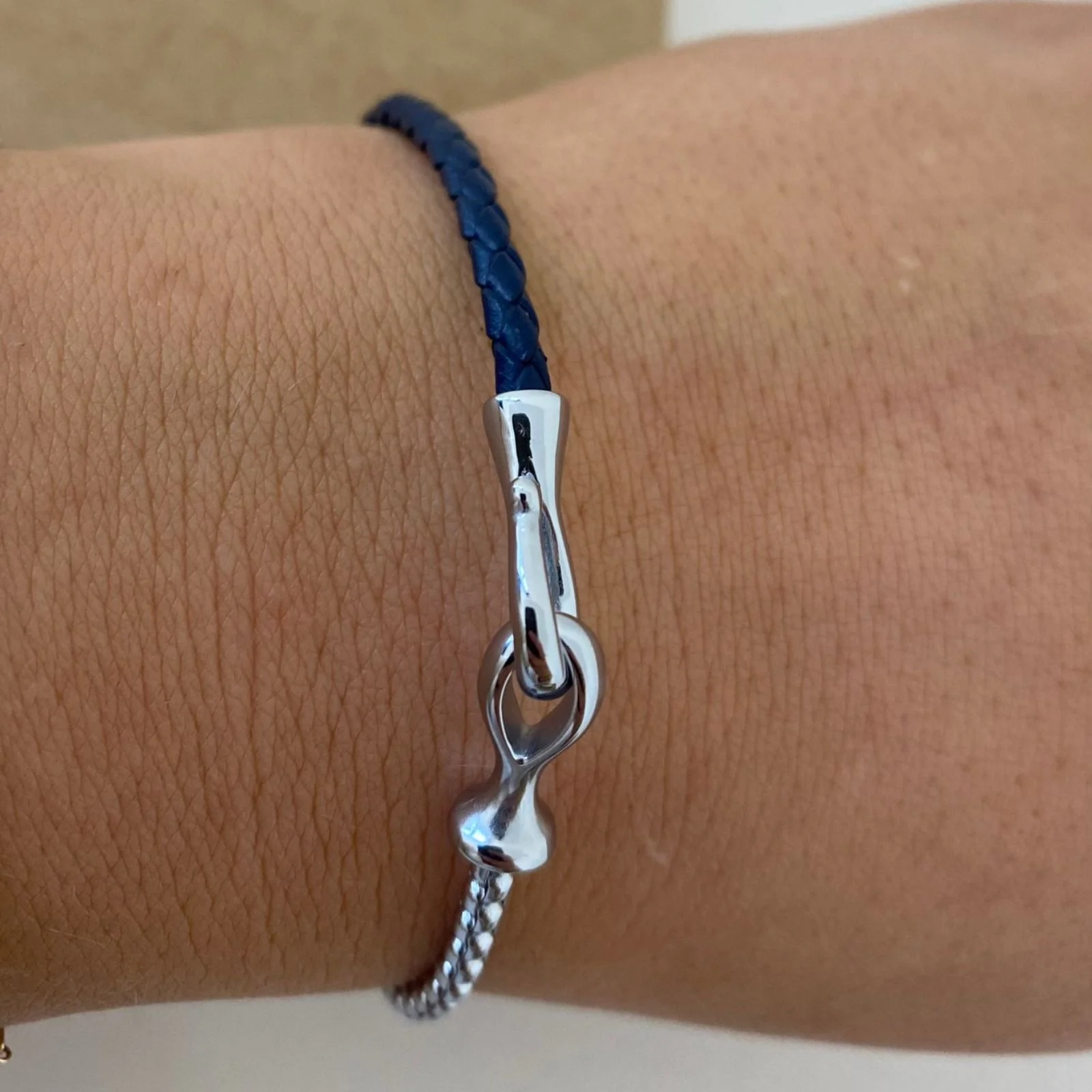 Bartlett Gents Navy Leather & Silver Chain Hook Bracelet - Image 3