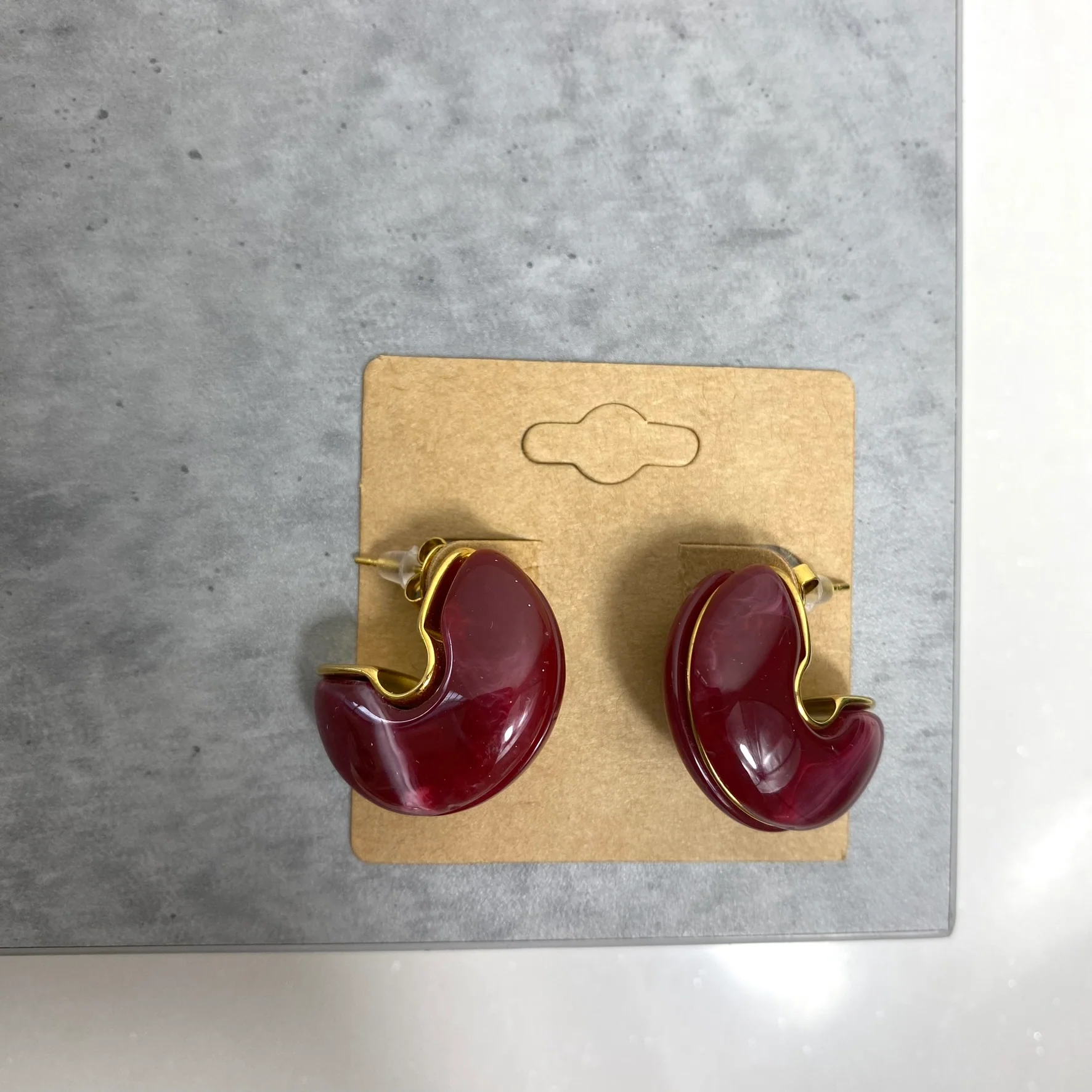 BeJeweled At Soul Gold Burgundy Stone Chubby Hoop Earrings - Image 2