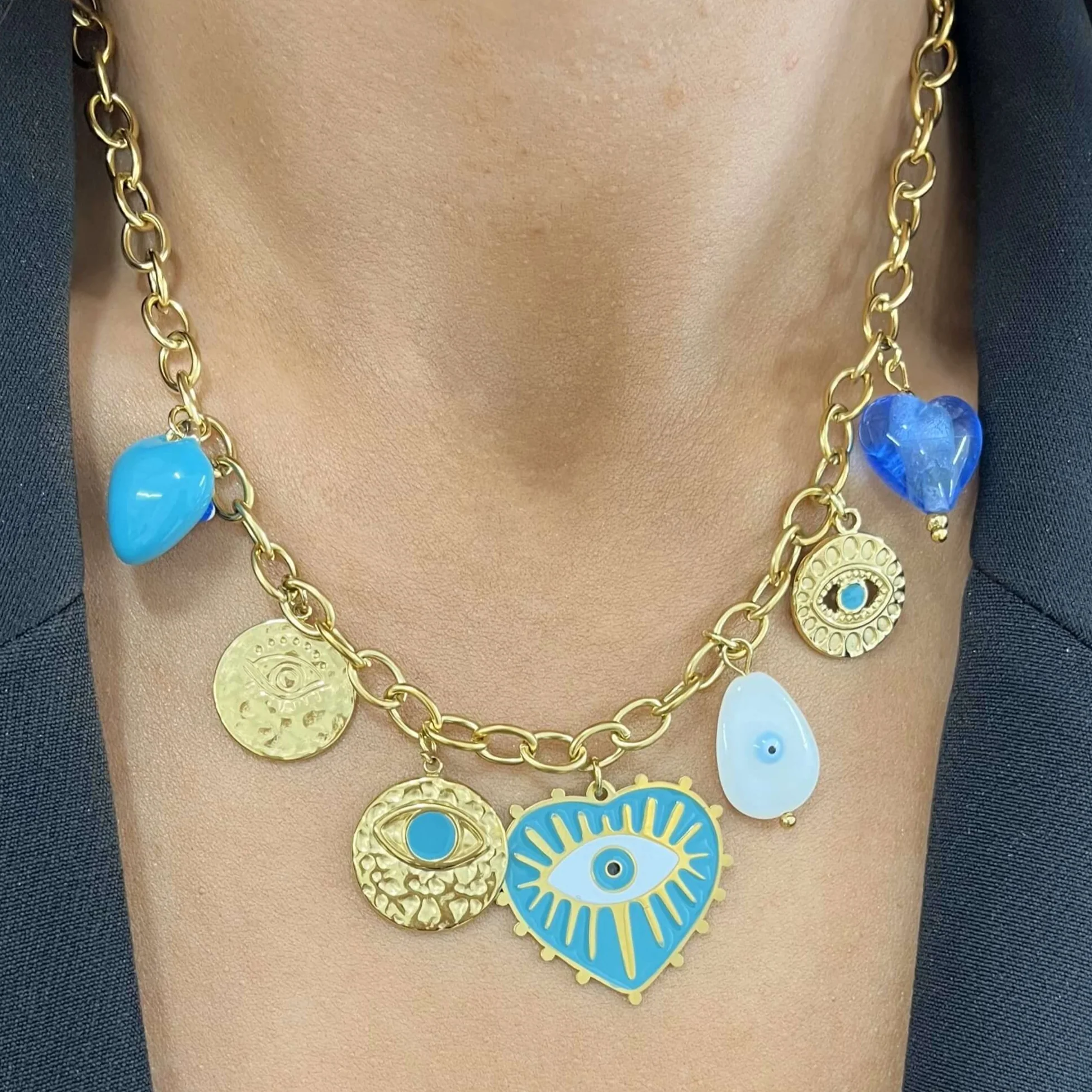 BeJeweled At Soul Gold Evil Eye Heart Disc & Bead Necklace
