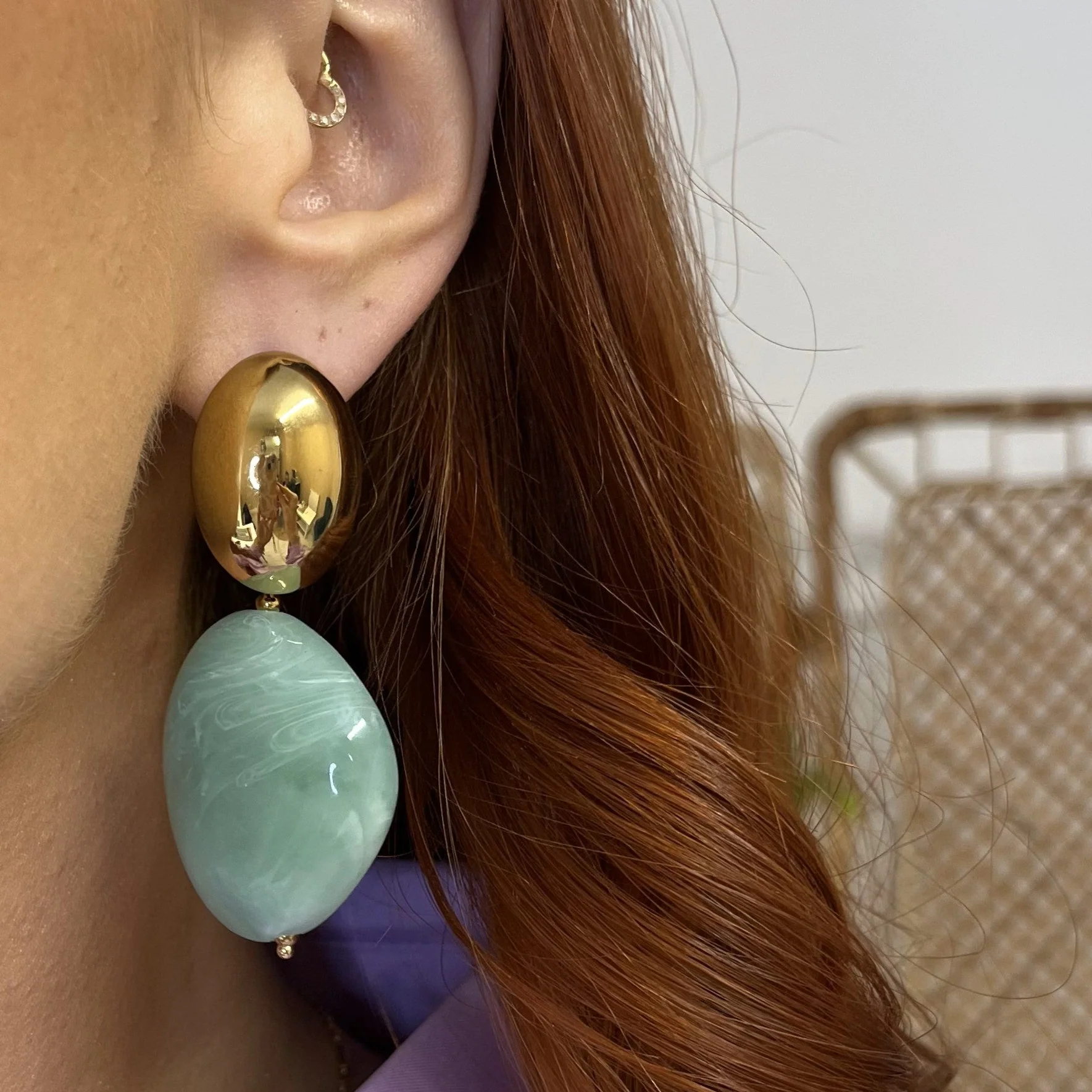 BeJeweled At Soul Gold Large Drop Green Bead Earrings