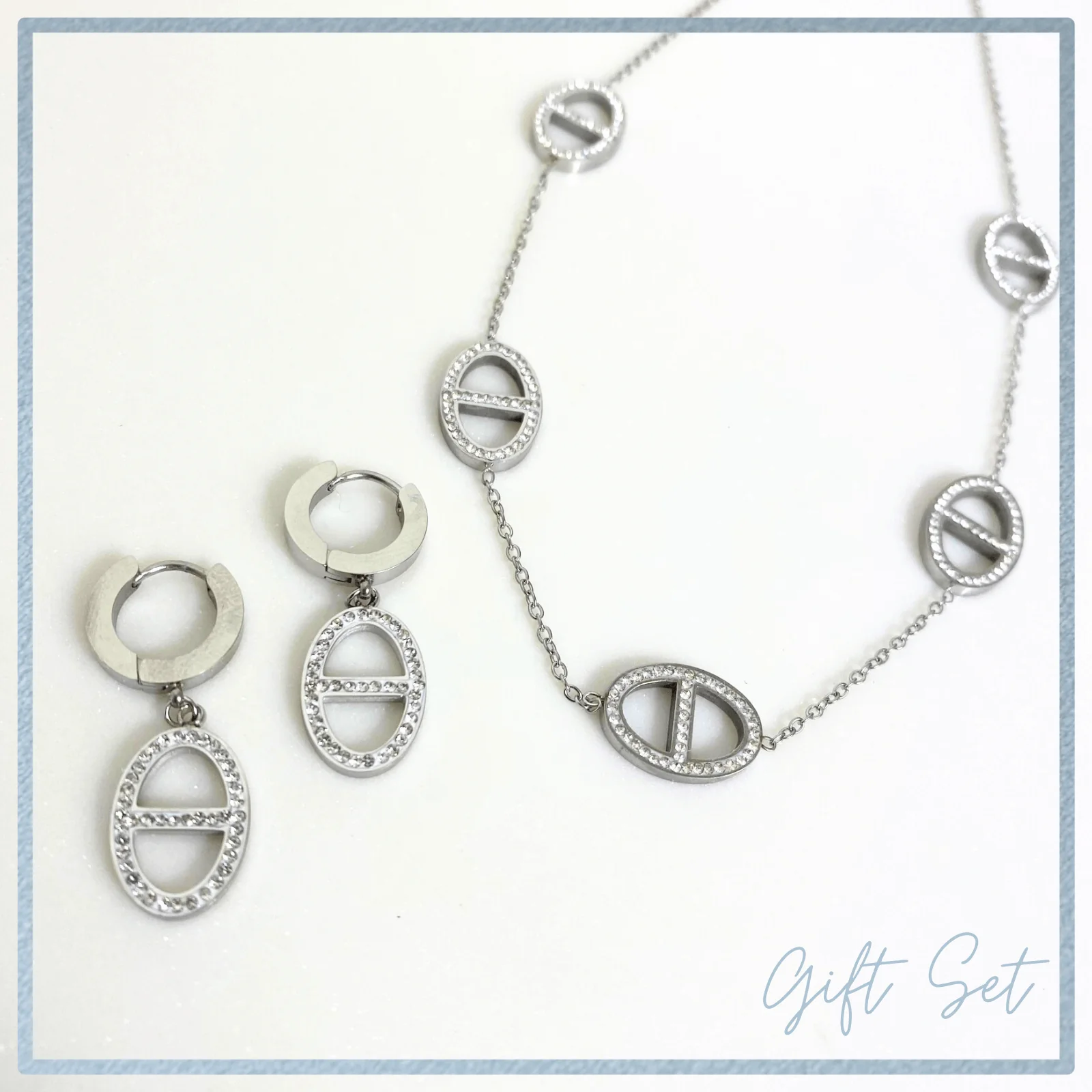 BeJeweled At Soul Silver Oval Pendant Earrings & Necklace Set