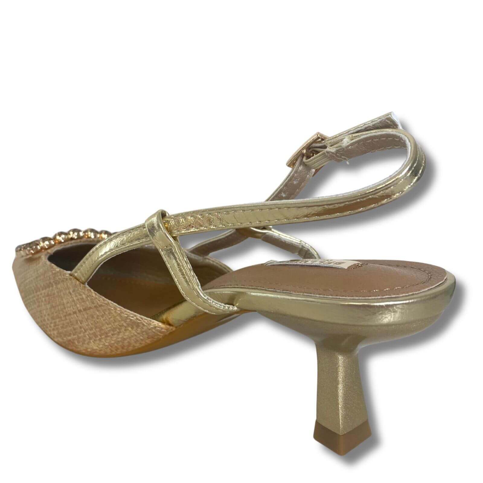 Raffia & Gold Kitten Heel Pointed Toe Shoes - Image 2