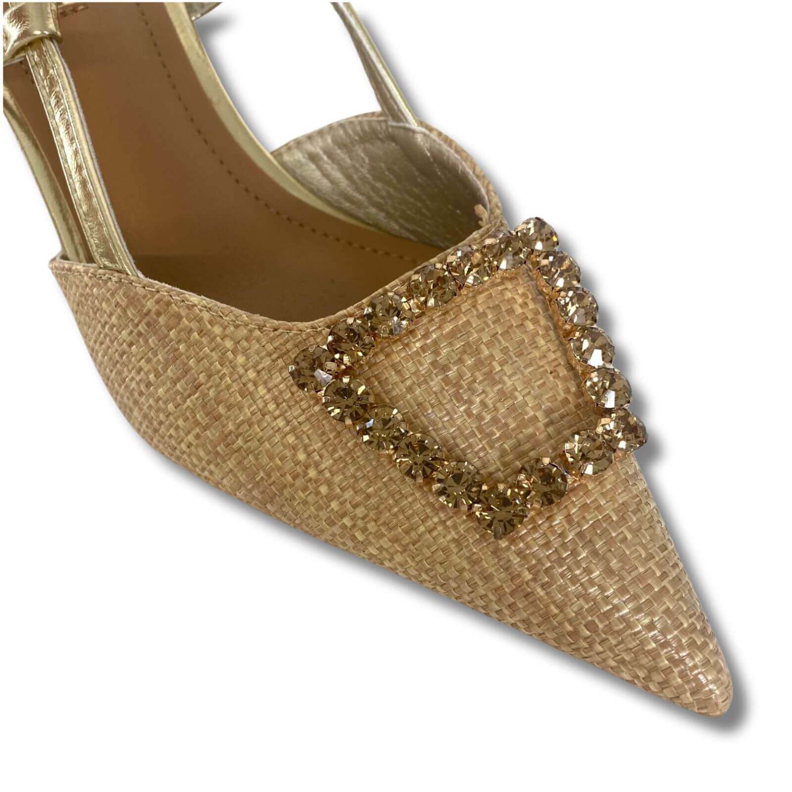 Raffia & Gold Kitten Heel Pointed Toe Shoes - Image 3