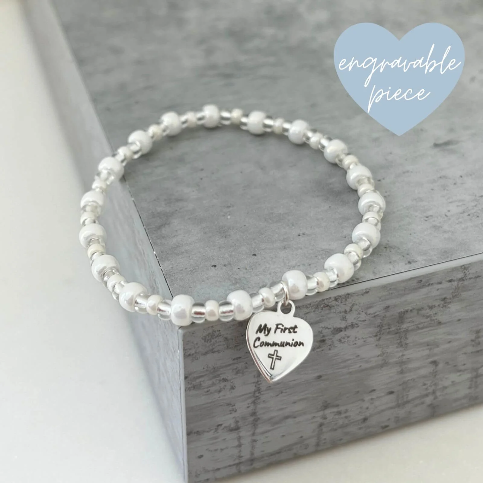 Bespoke Kids Holy Communion Sterling Silver Heart White Beaded Bracelet